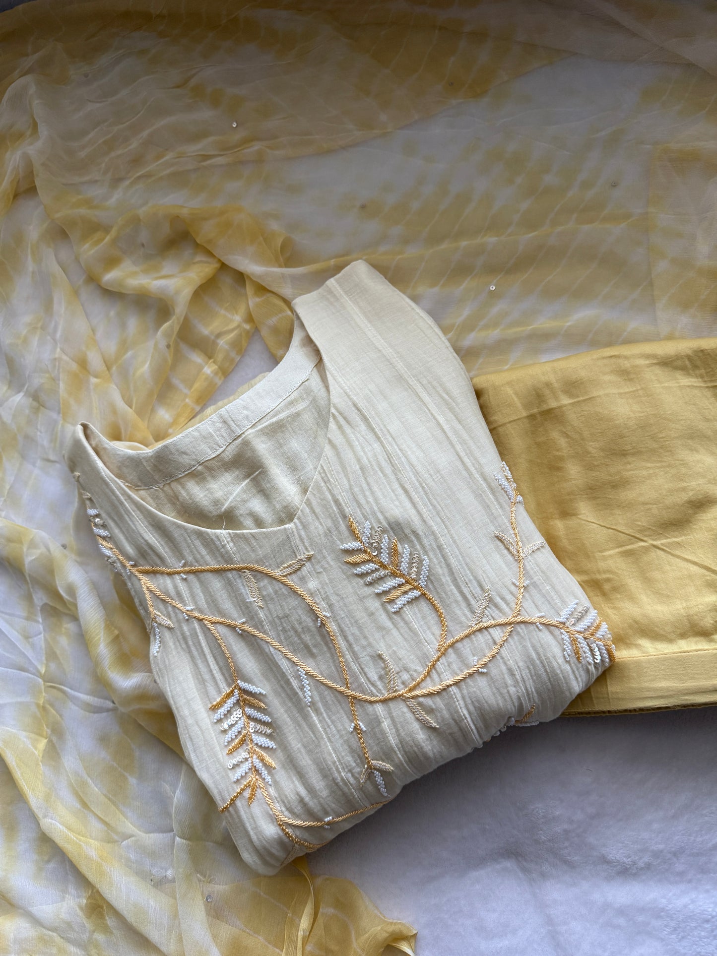 Pastel yellow handwork pure mul chanderi anarkali suit set