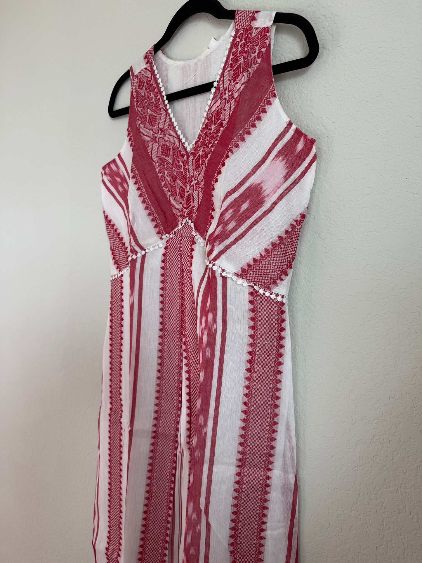 White and Red Summer Cotton Ikkath Sleeveless Dress - Sleeves available inside