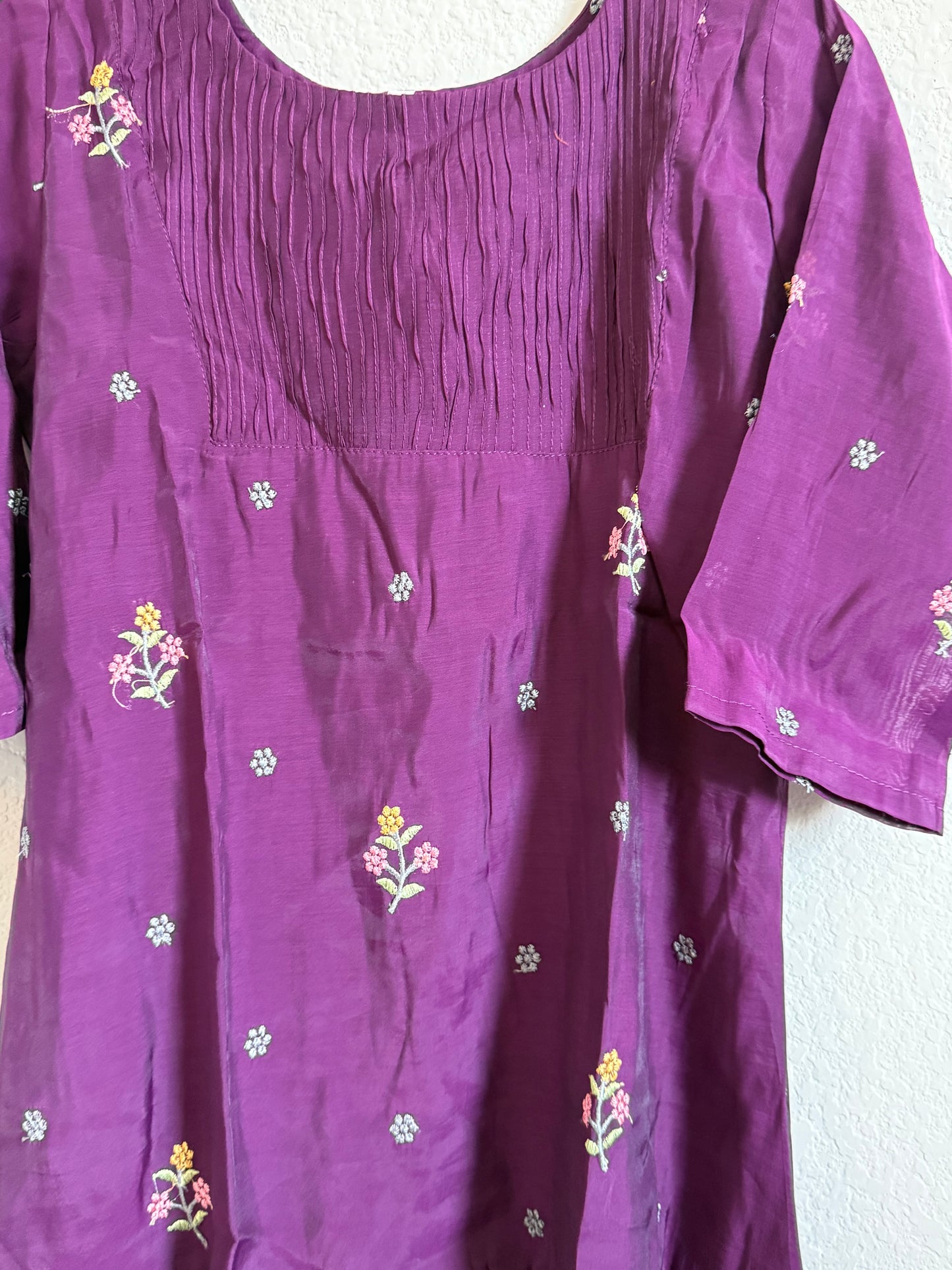 Wine Floral Embroidered Mul Chanderi A-line Kurti