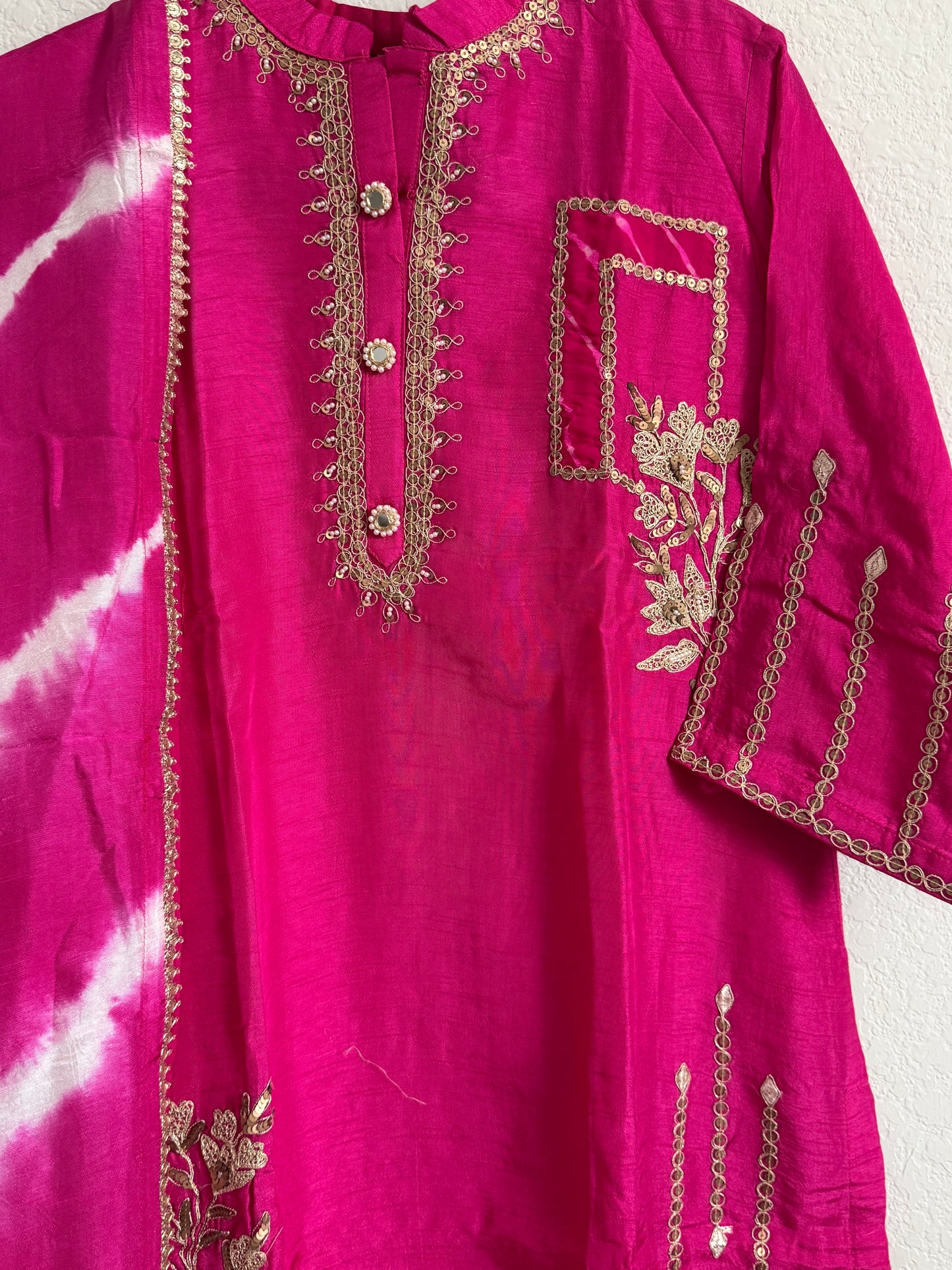 Pink Dola Silk Heavy Work Straight Cut Kurti Set with Leheriya Dupatta