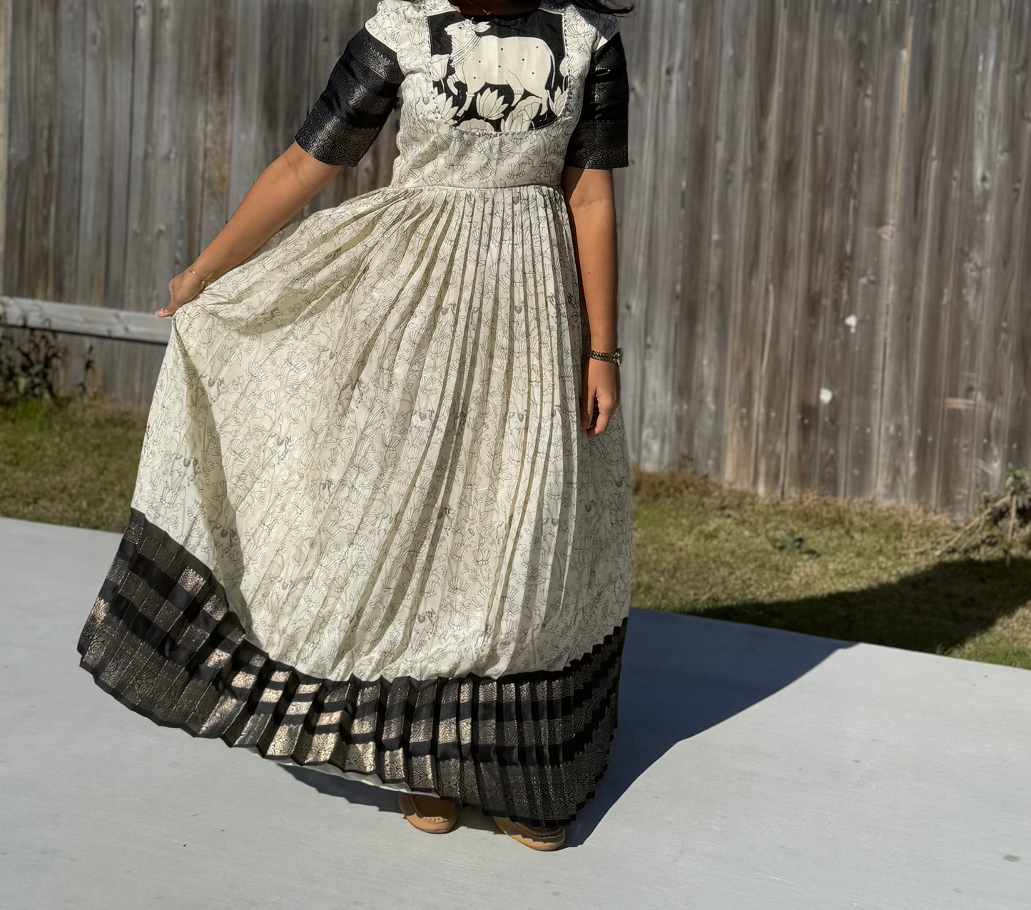 Black and white pichwai kalamkari pleated anarkali with net dupatta