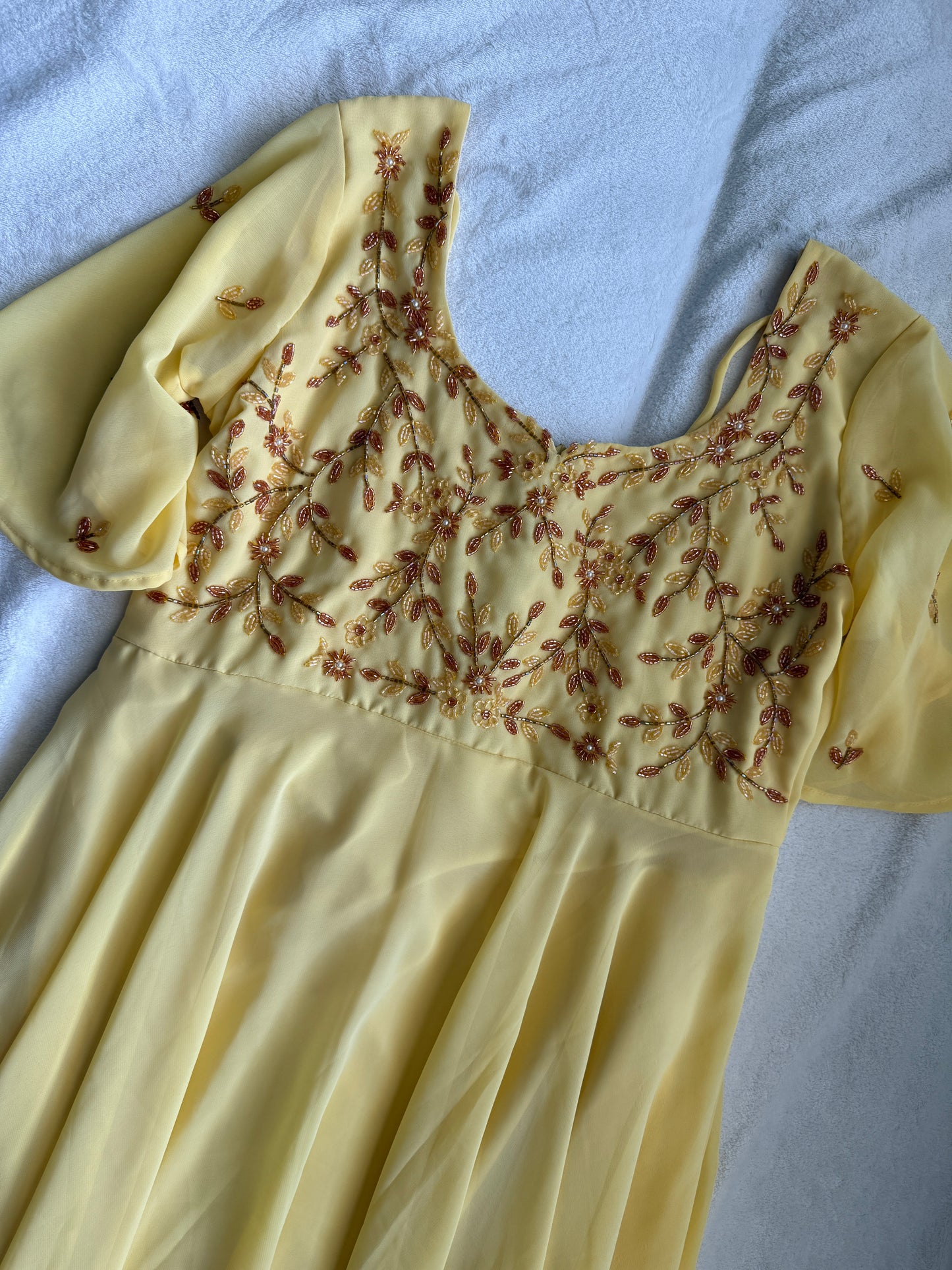 Yellow maggam work georgette heavy flare anarkali tunic