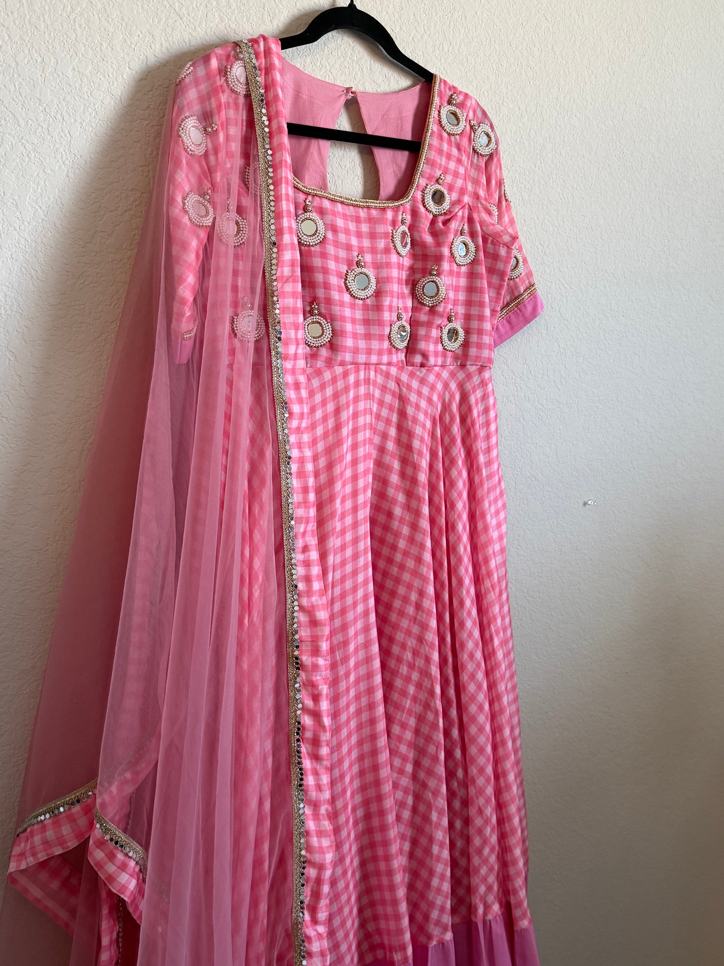 Light Pink checks heavy mirror work anarkali set - top with dupatta