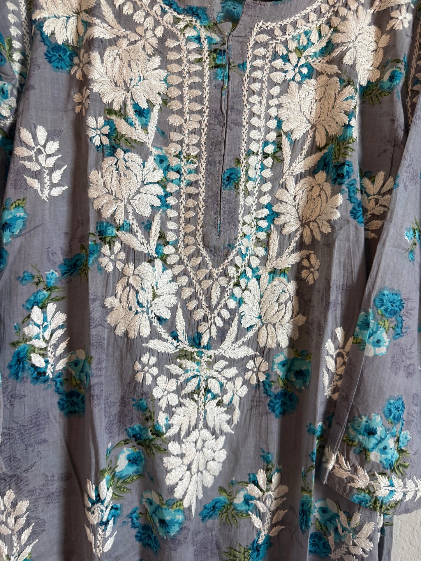 Gray Floral Printed Cotton Chikankari Coord Set - Top with Palazzo