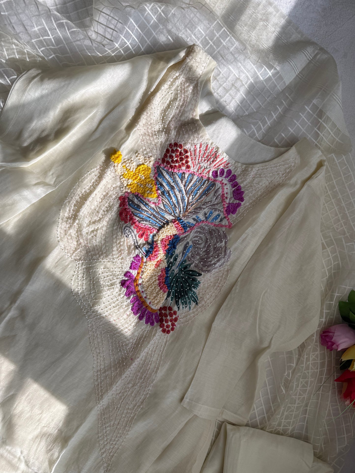 Pure mul chanderi ivory shade designer suit