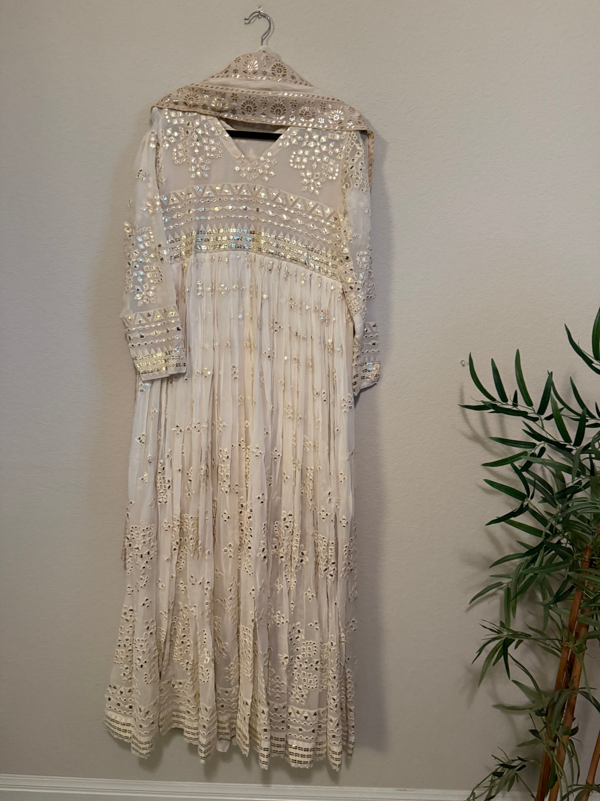 Ivory Shade Gotapatti Chikanwork Heavy Flared Long Anarkali Set - Top and Dupatta