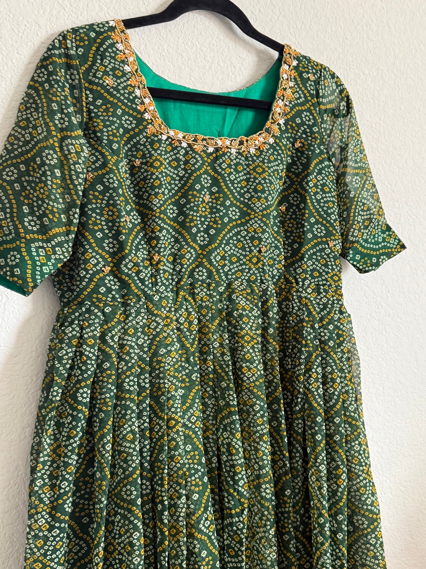 Green Bandhini Handwork Anarkali Tunic