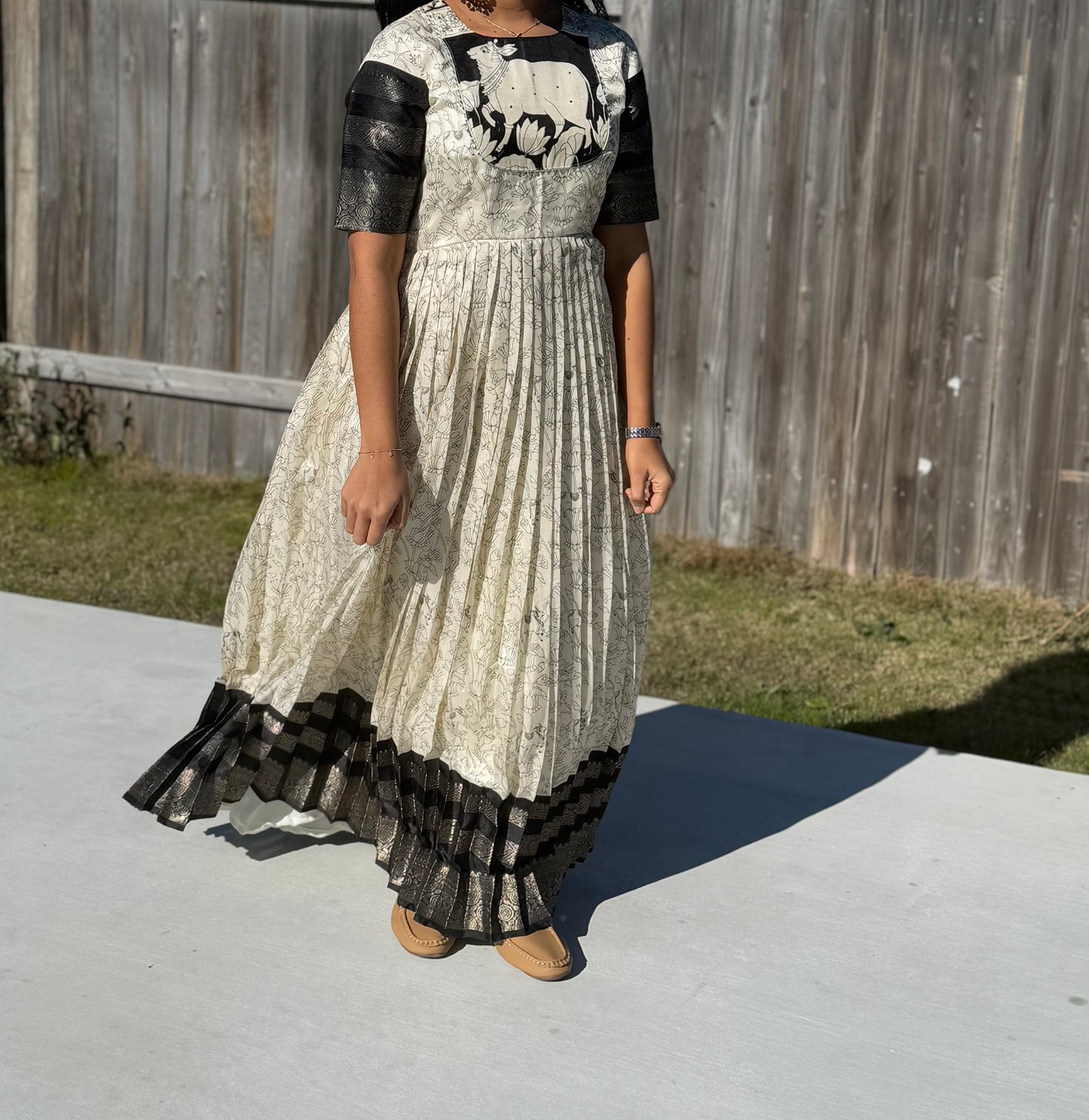 Black and white pichwai kalamkari pleated anarkali with net dupatta