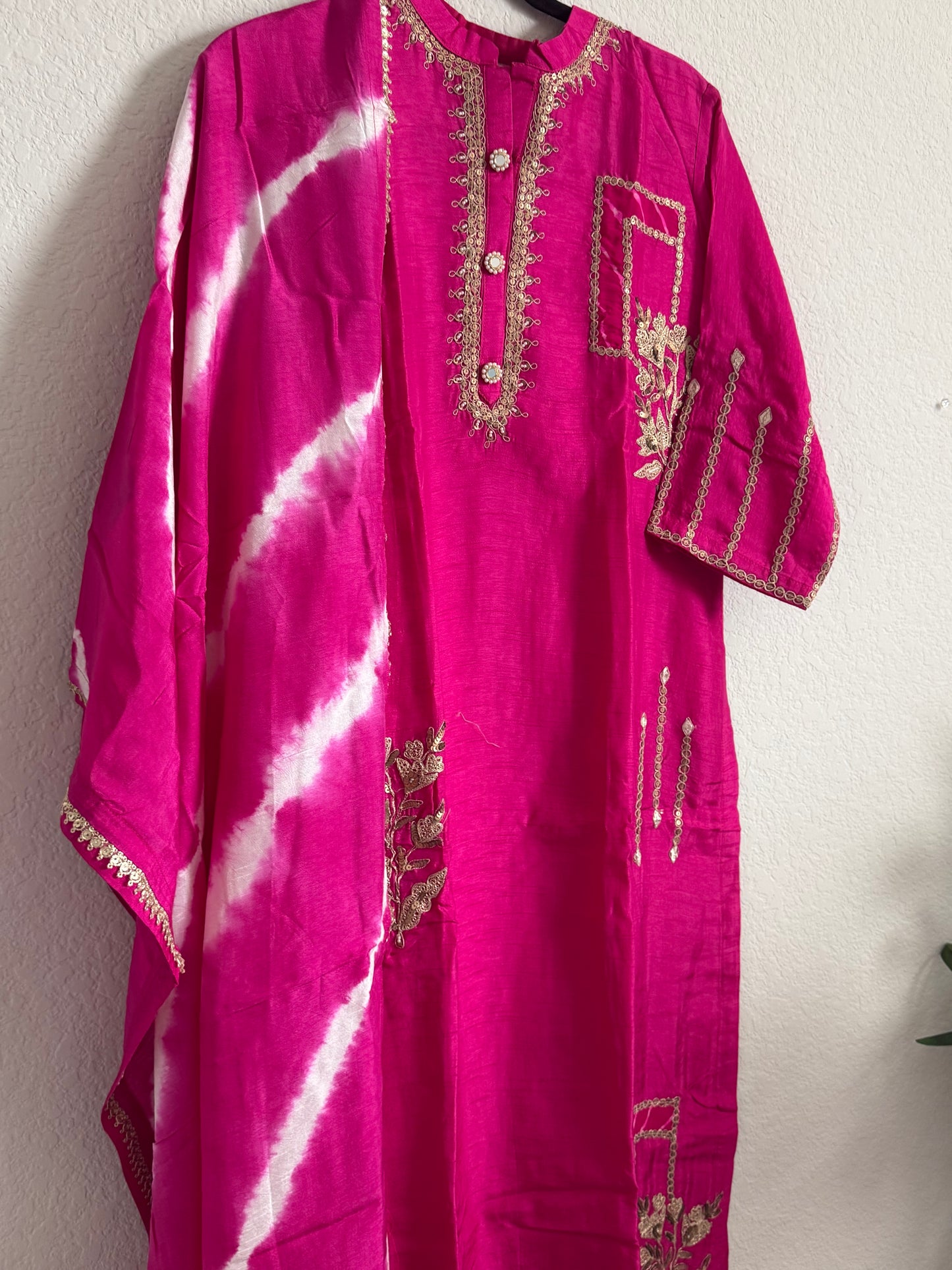 Pink Dola Silk Heavy Work Straight Cut Kurti Set with Leheriya Dupatta