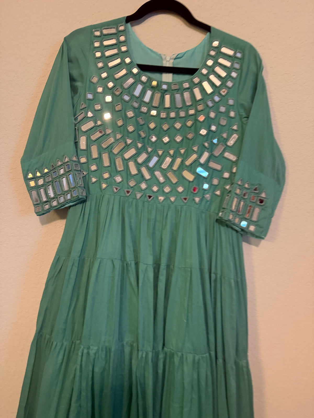 Teal Mirror Work Heavy Flared Anarkali Long Dress