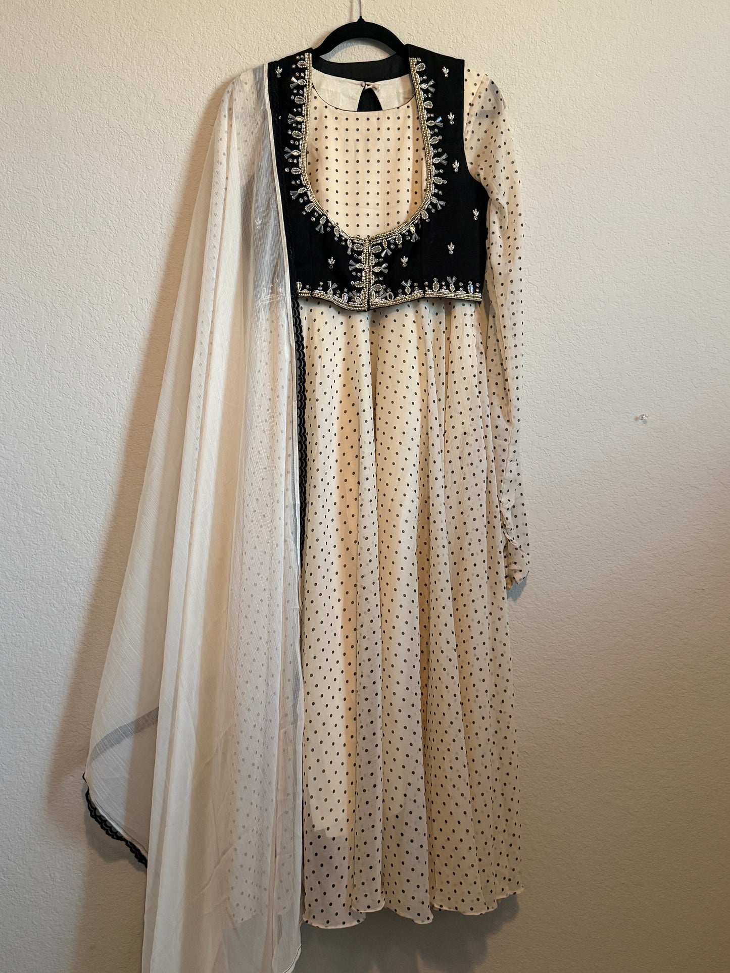 Half White Polka Dot Heavy Flared Georgette Full Sleeve Anarkali with Maggam Work Coat - Top + Dupatta