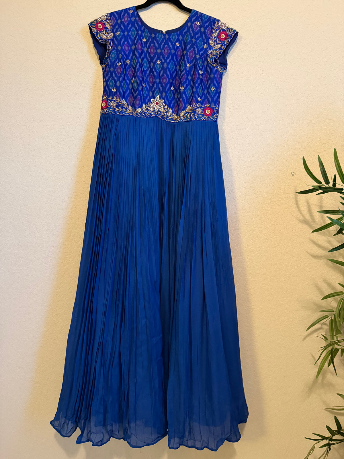 Blue Raw Silk Ikkath Maggam Work Designer Long Dress with Short Sleeve
