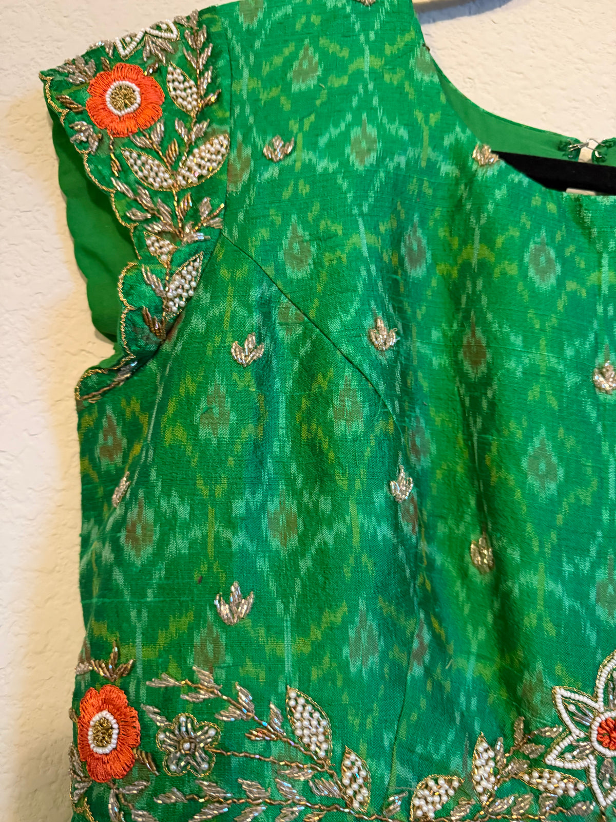 Green Raw Silk Ikkath Maggam Work Designer Long Dress with Short Sleeve