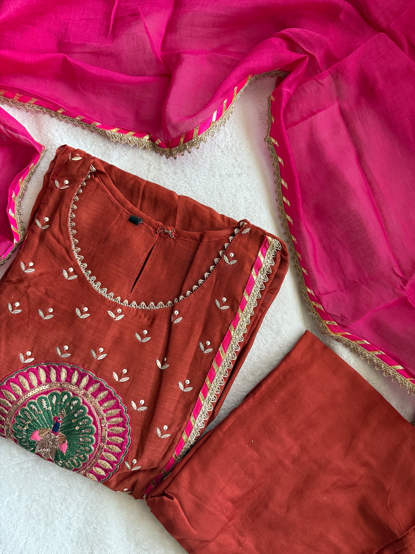 Rust orange pure mul chanderi suit set