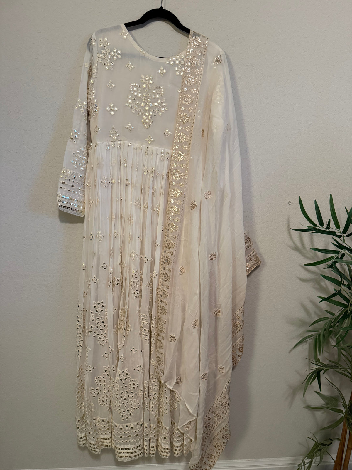 Ivory Shade Gotapatti Chikanwork Heavy Flared Long Anarkali Set - Top and Dupatta