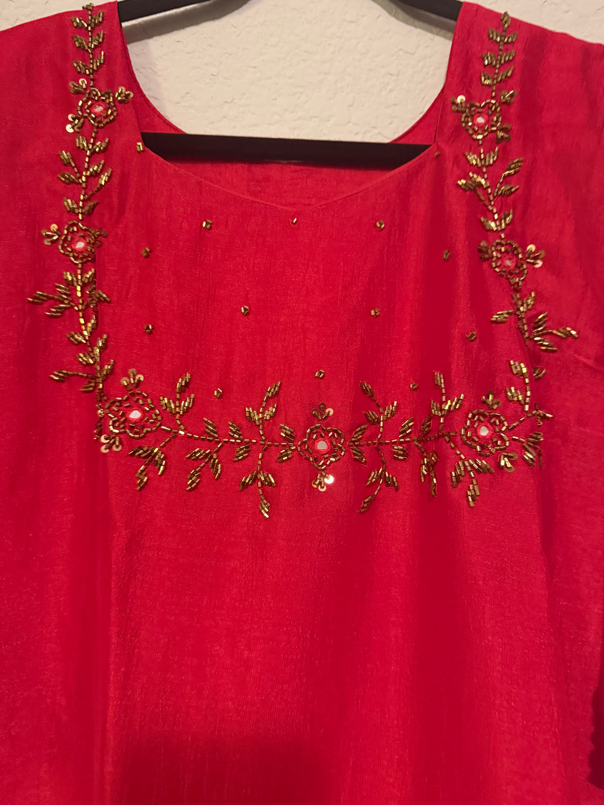 Red Vichitra Silk A-line Handwork Festive Kurti