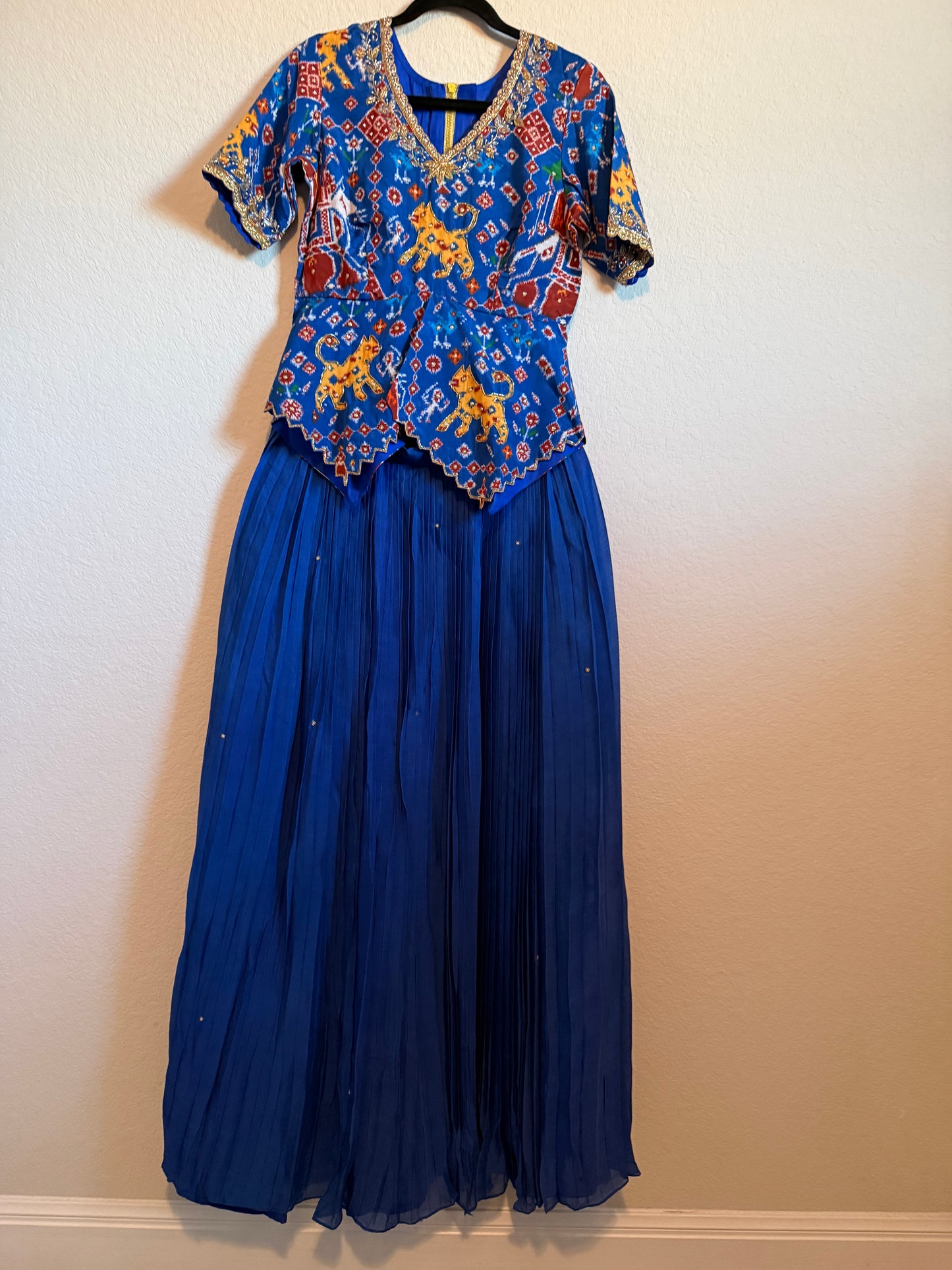 Blue Pure Patola Diamond Cut Pattern Peplum Top with Skirt Set