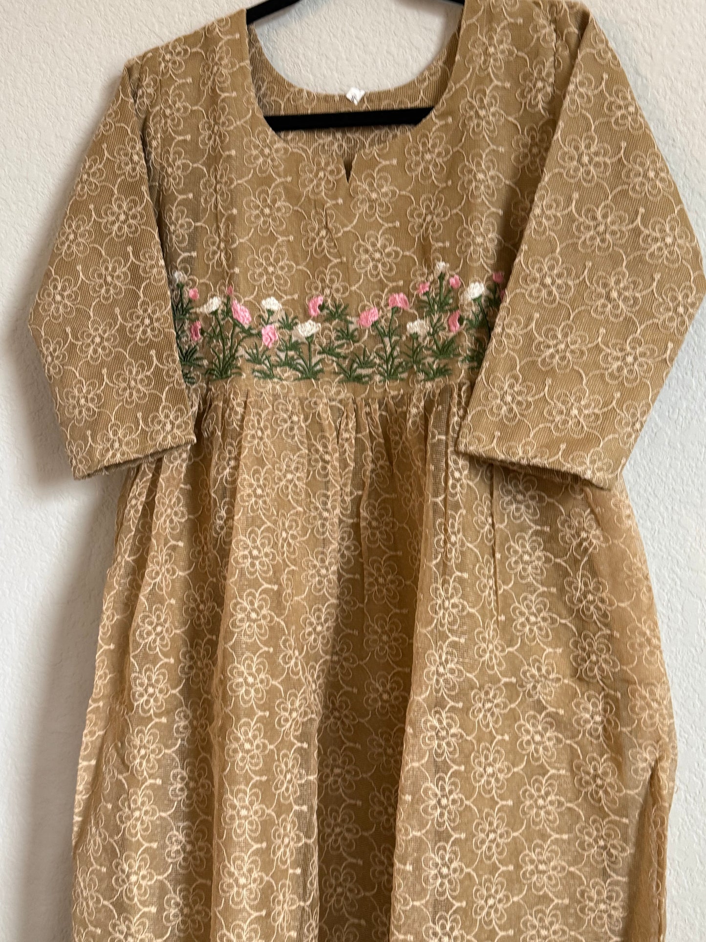 Biege Net Kota Embroidered Frock