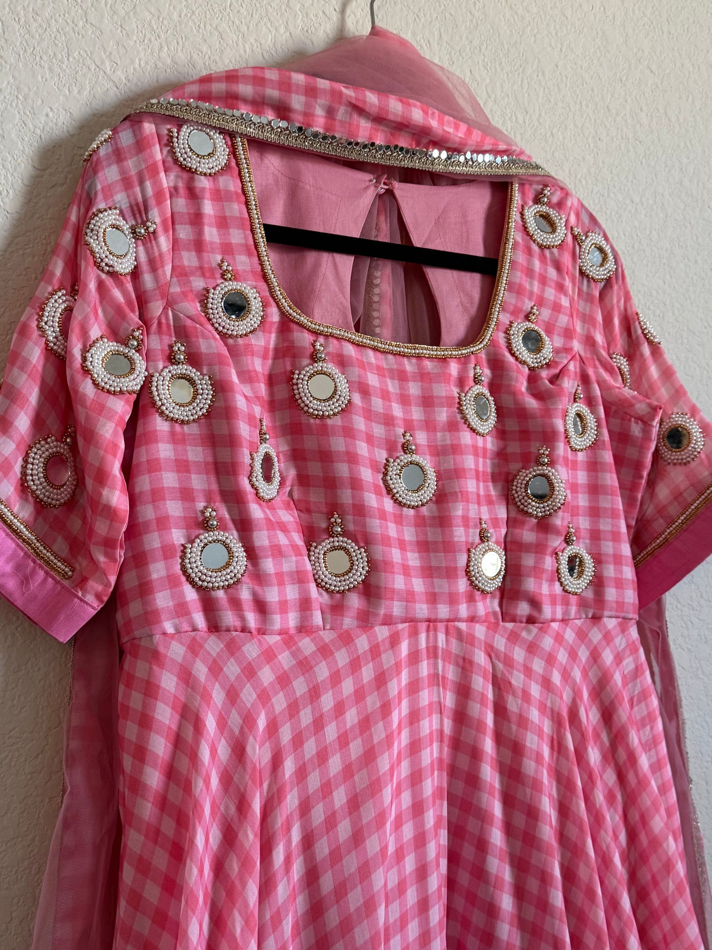 Light Pink checks heavy mirror work anarkali set - top with dupatta