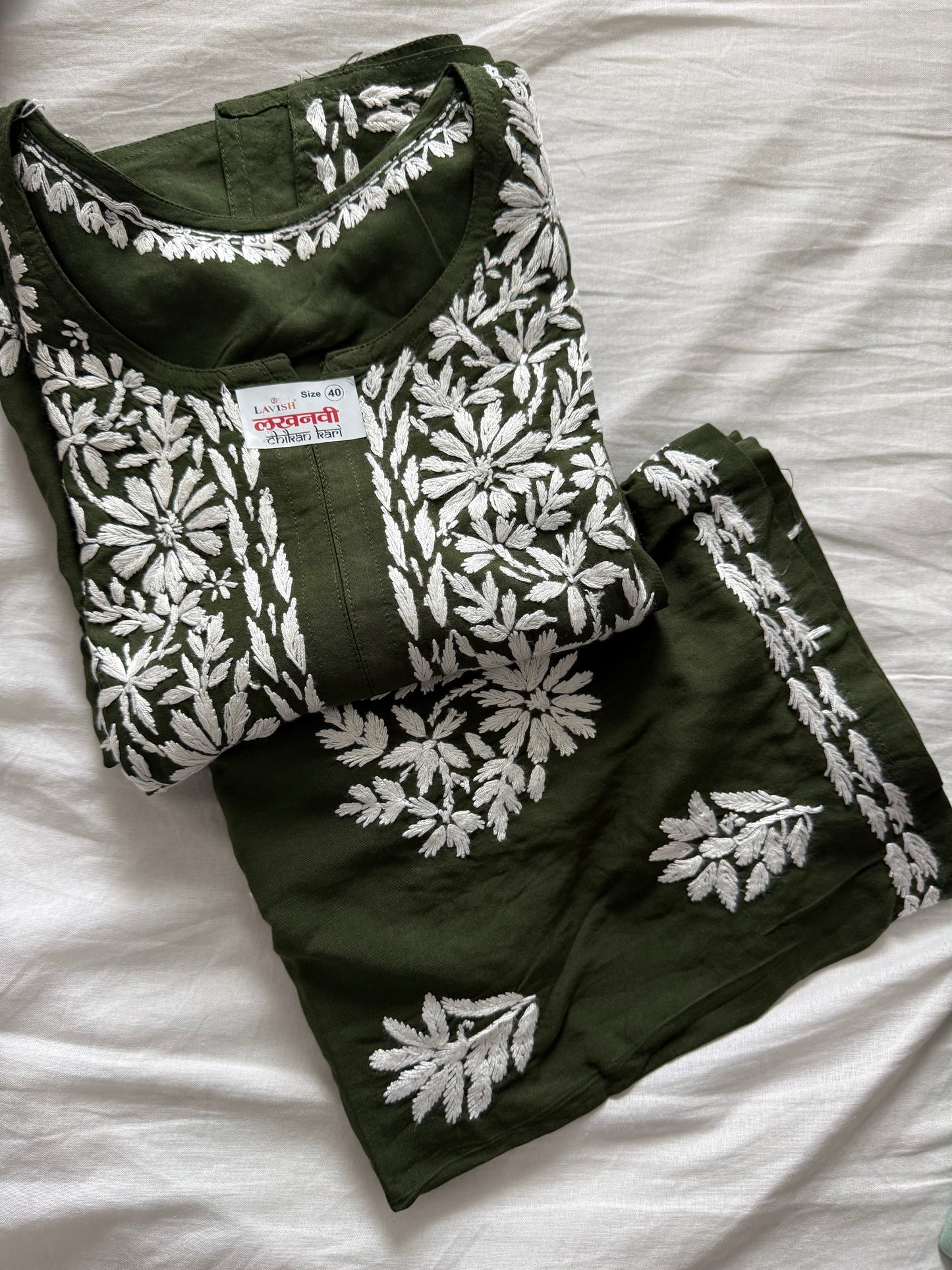 Bottle Green Rayon Chikankari Coord Set - Top with Palazzo