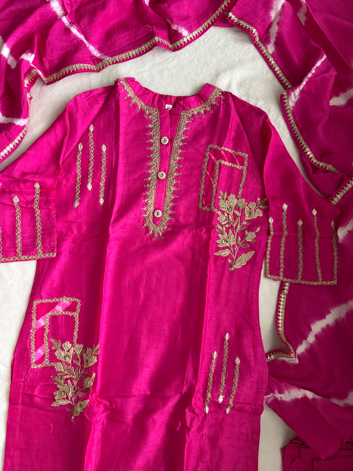 Pink Dola Silk Heavy Work Straight Cut Kurti Set with Leheriya Dupatta