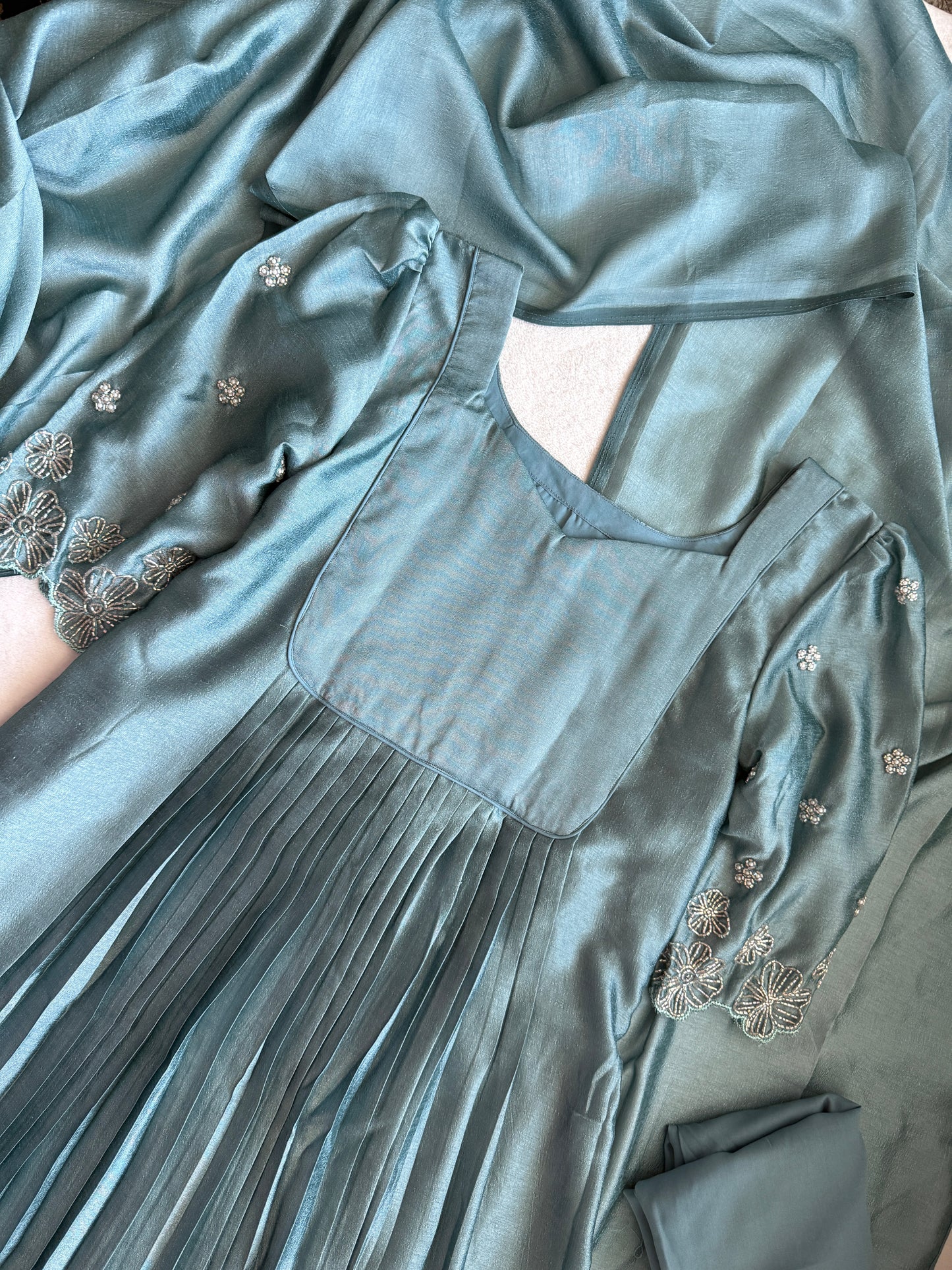 Green shade blooming silk handwork pleated anarkali set