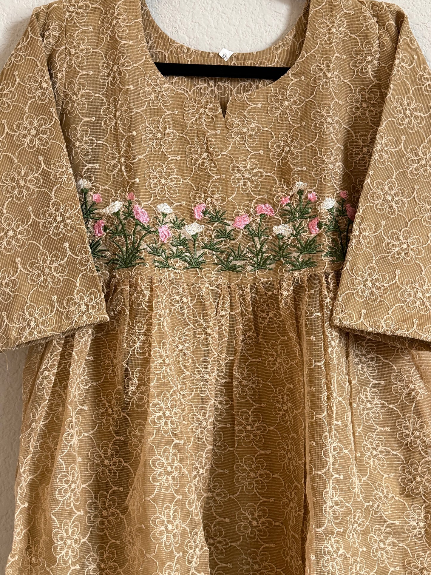 Biege Net Kota Embroidered Frock