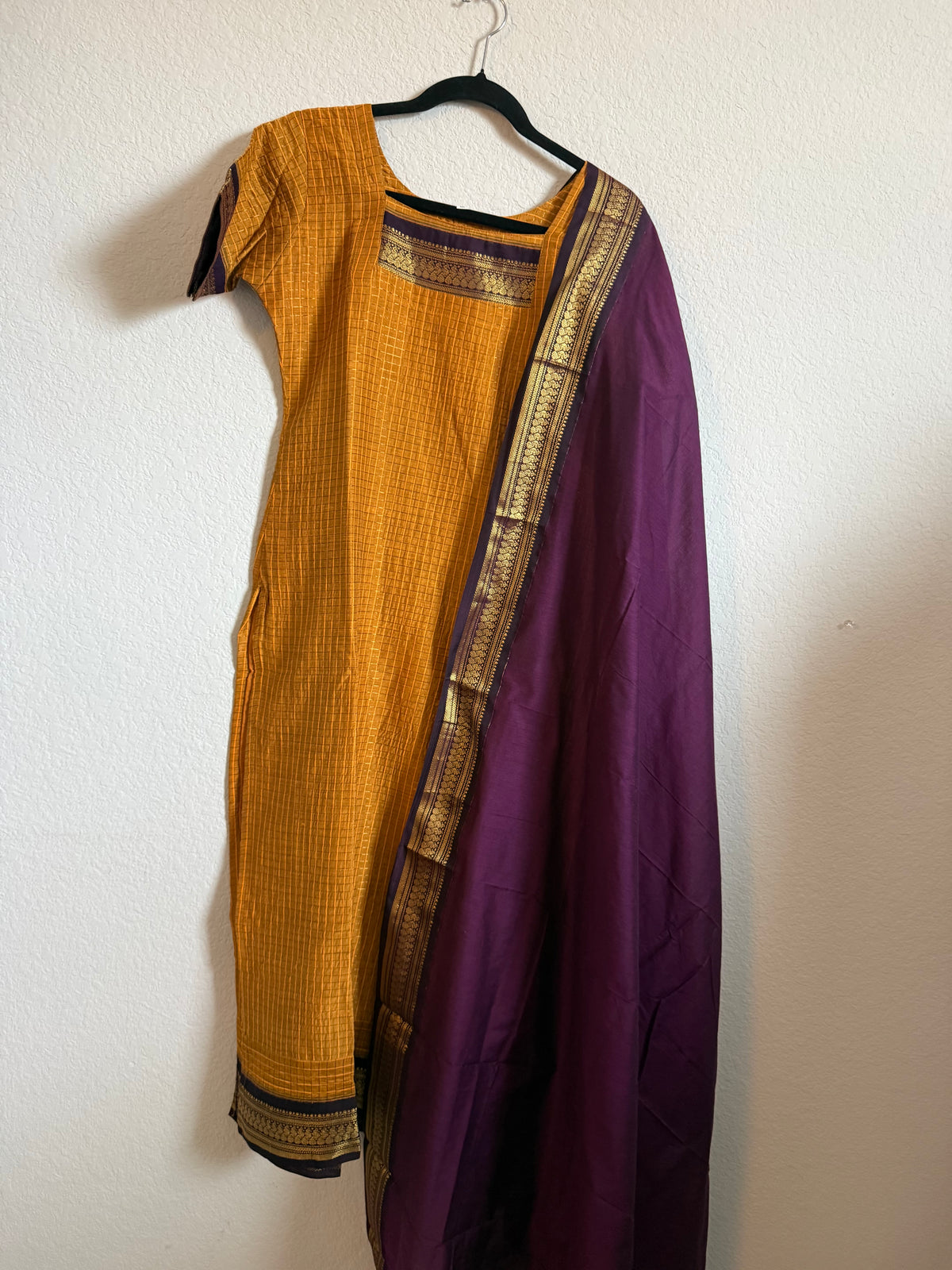 Yellow with Purple Handloom Checks Top and Dupatta Set