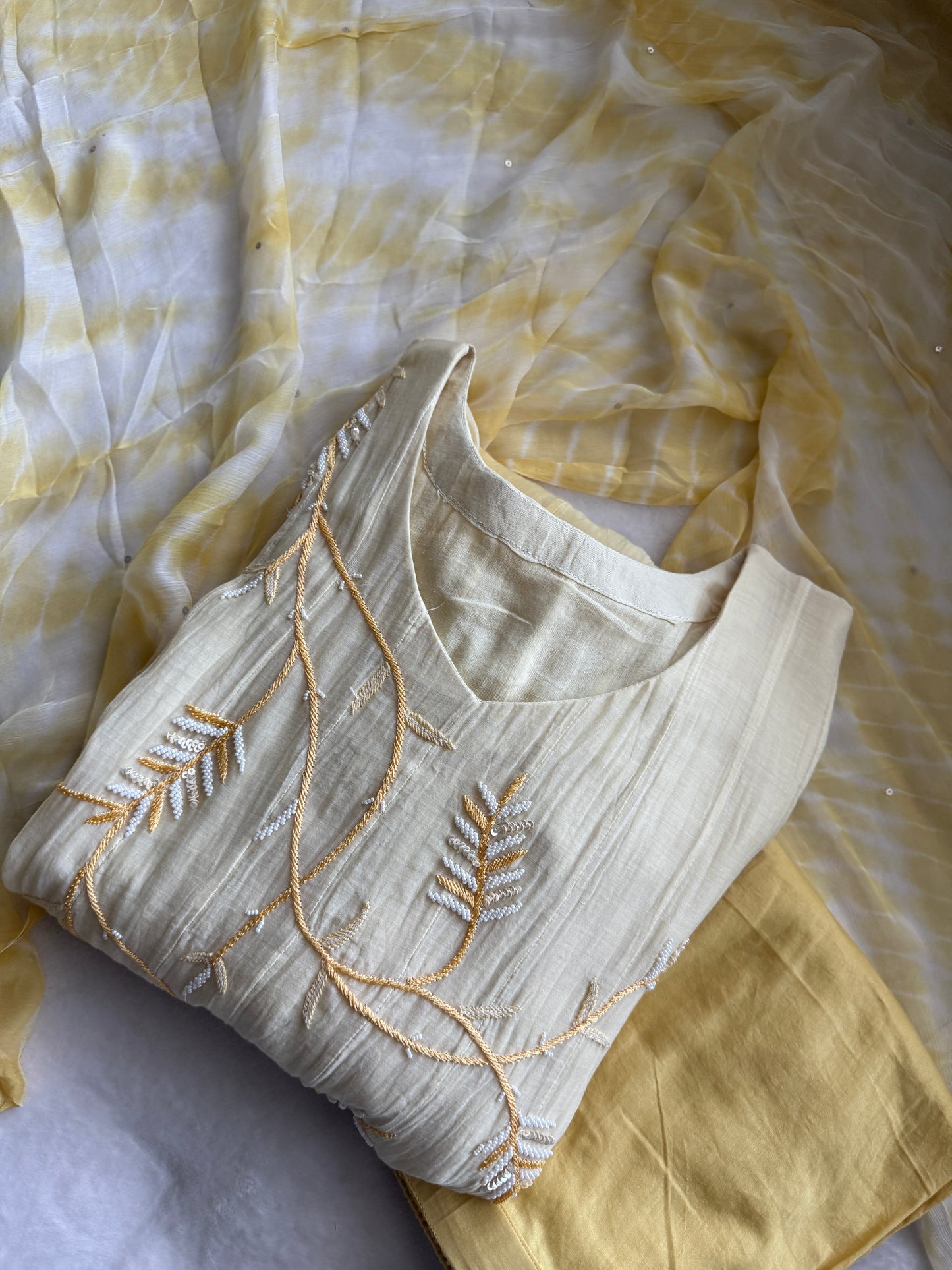 Pastel yellow handwork pure mul chanderi anarkali suit set