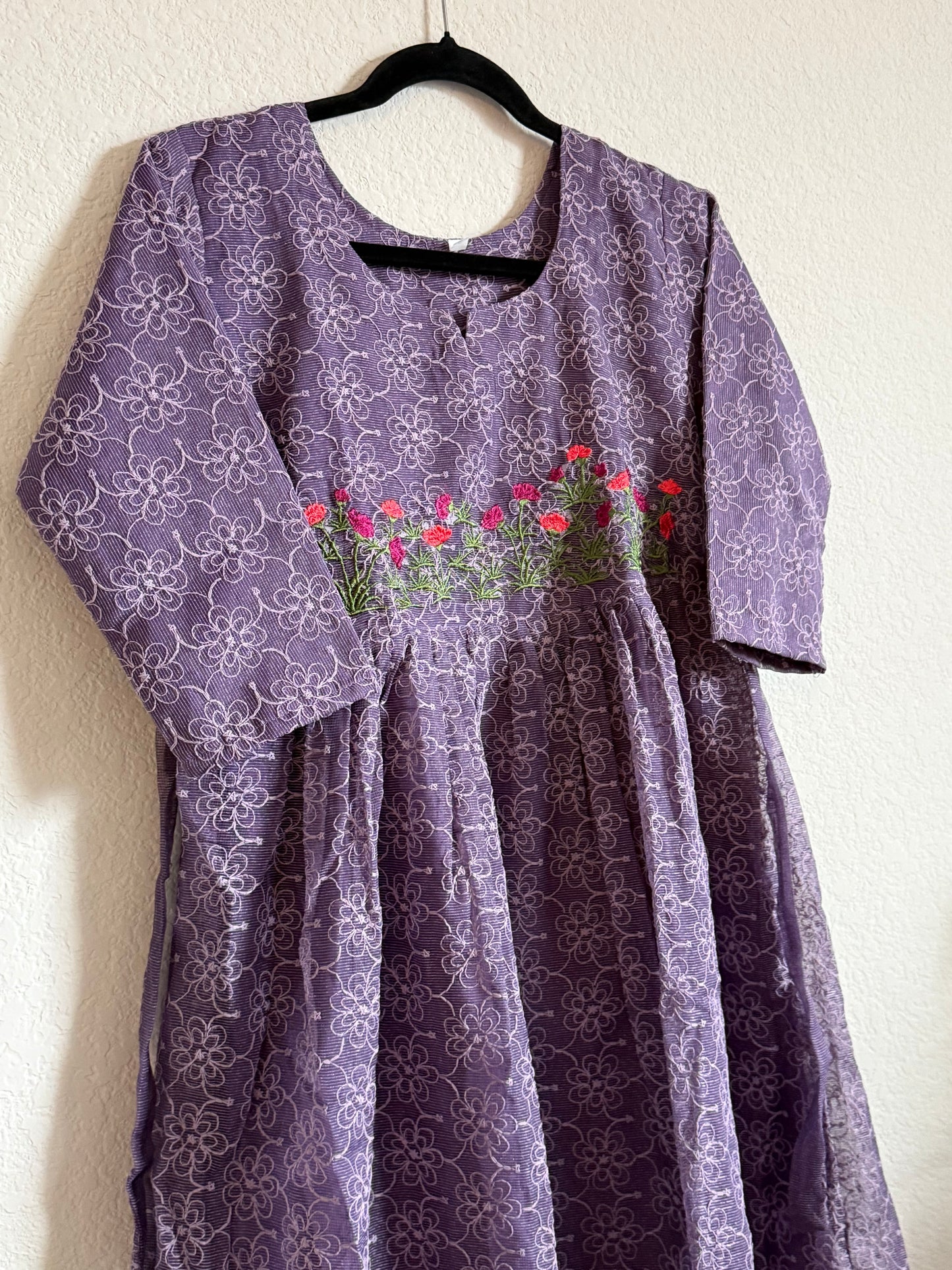 Purple Net Kota Embroidered Frock