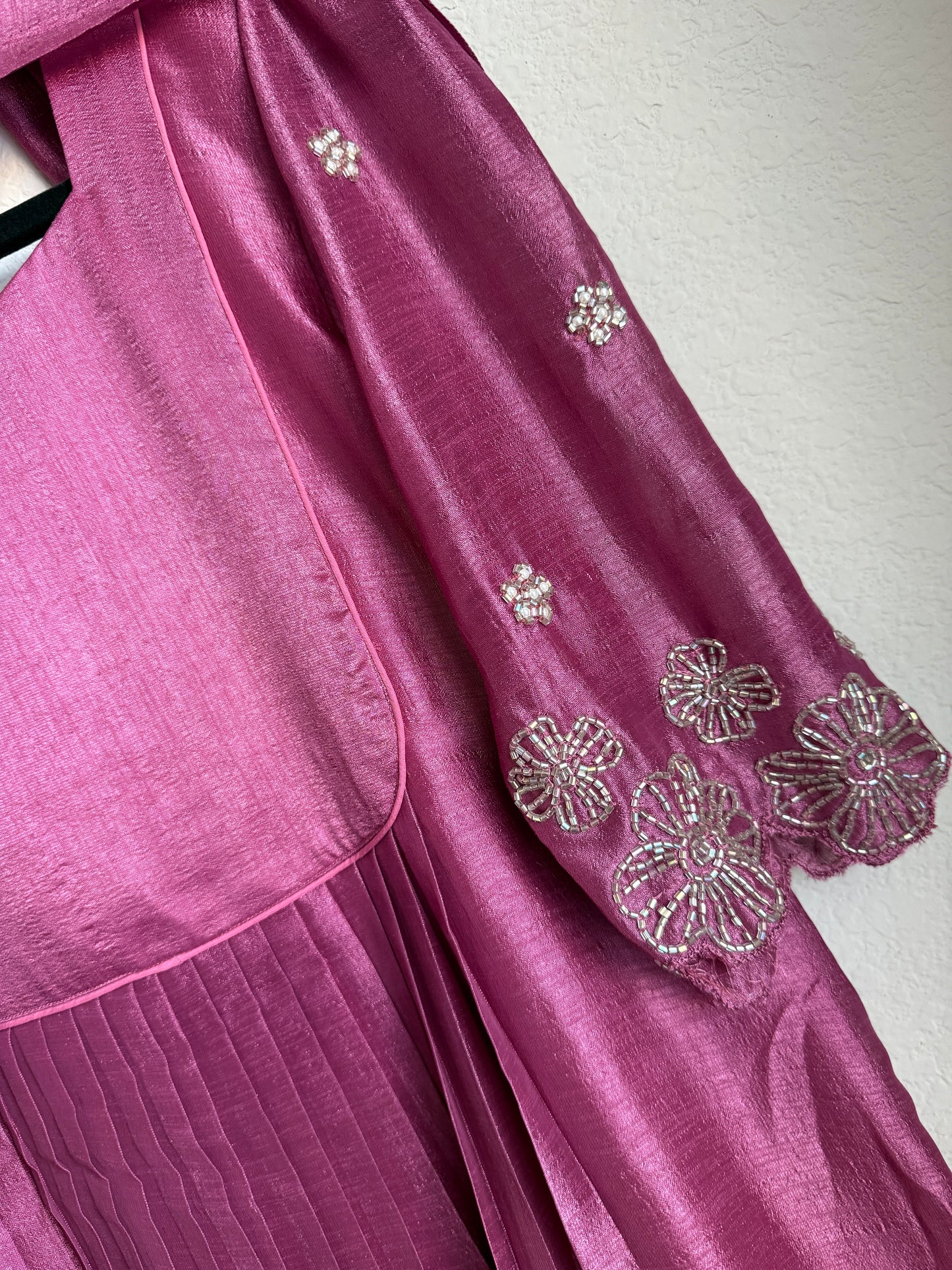 Magenta shade blooming silk handwork pleated anarkali set