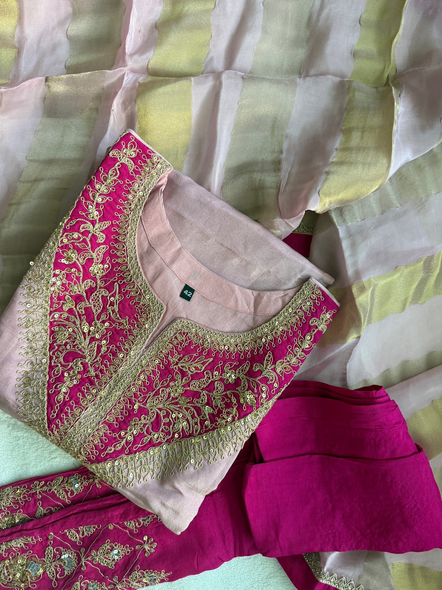 Baby pink tissue A-line kurti set with gorgeous tissue dupatta