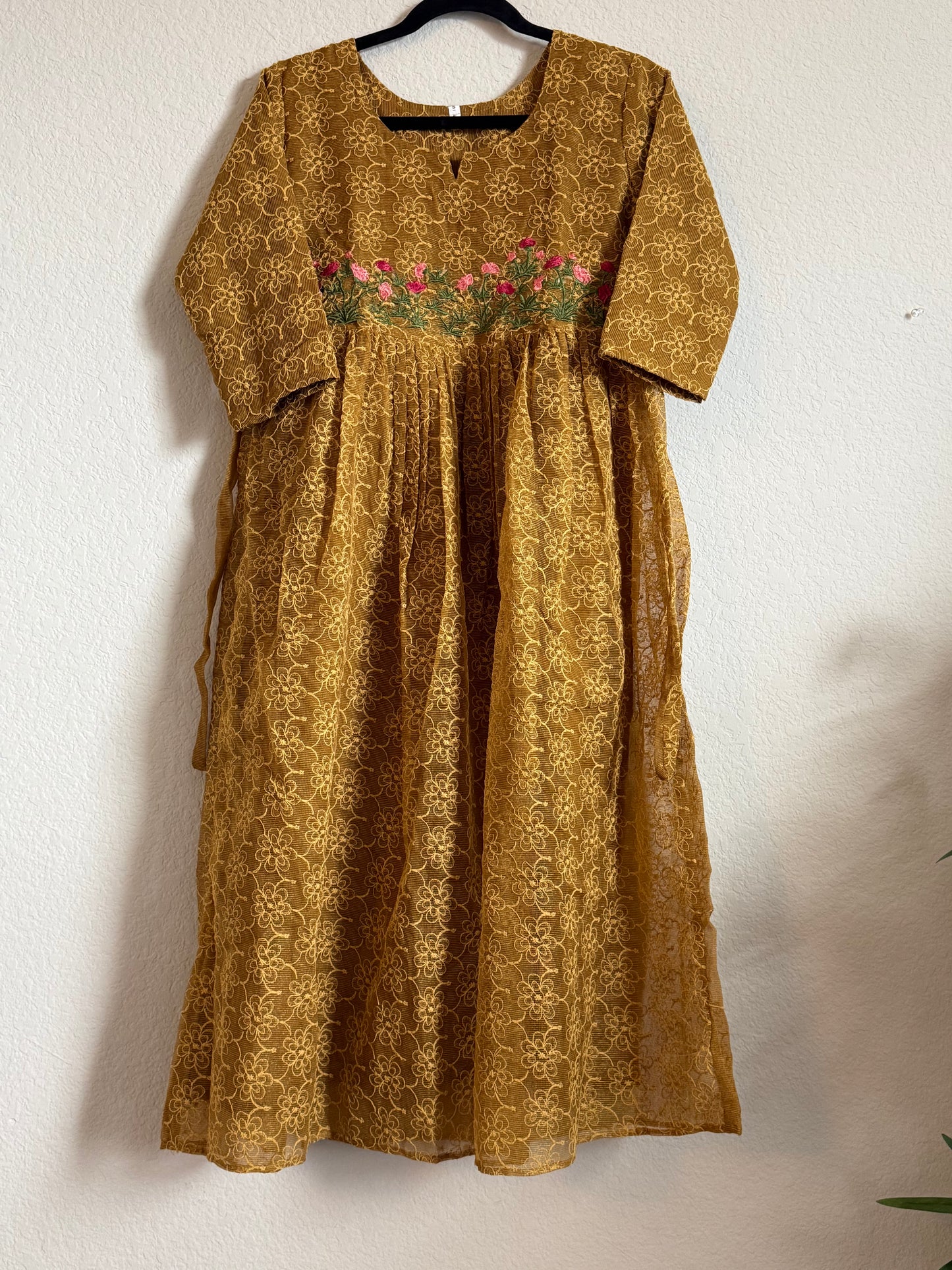 Mustard Yellow Net Kota Embroidered Frock
