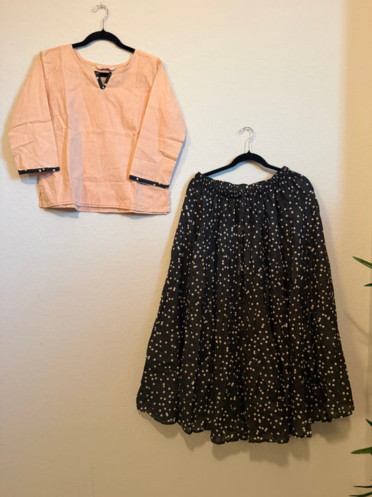 Black cotton polka dot skirt with biege top - set