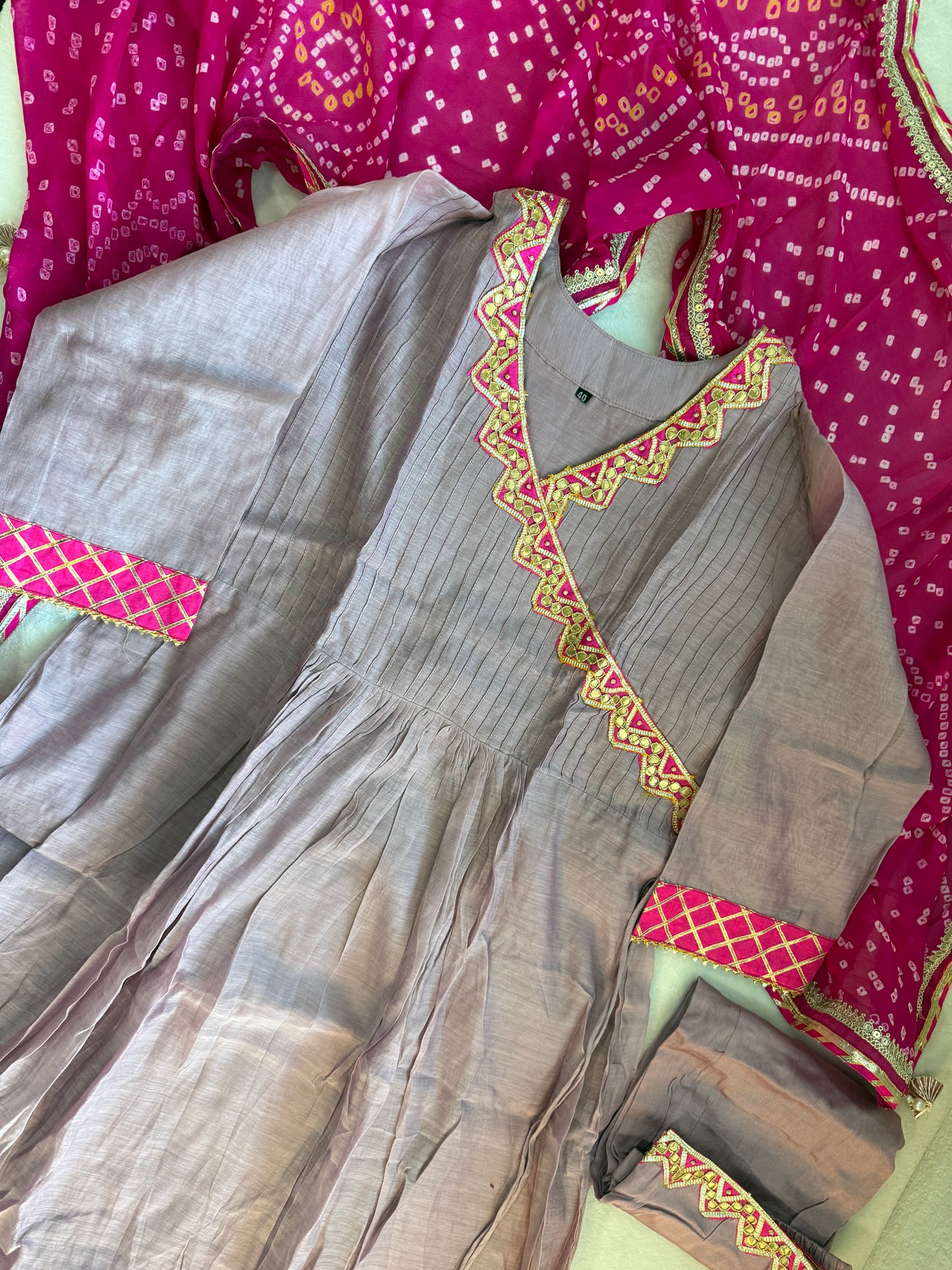 Lilac shade mul chanderi angrakha pattern kurti set with beautiful bandhini dupatta
