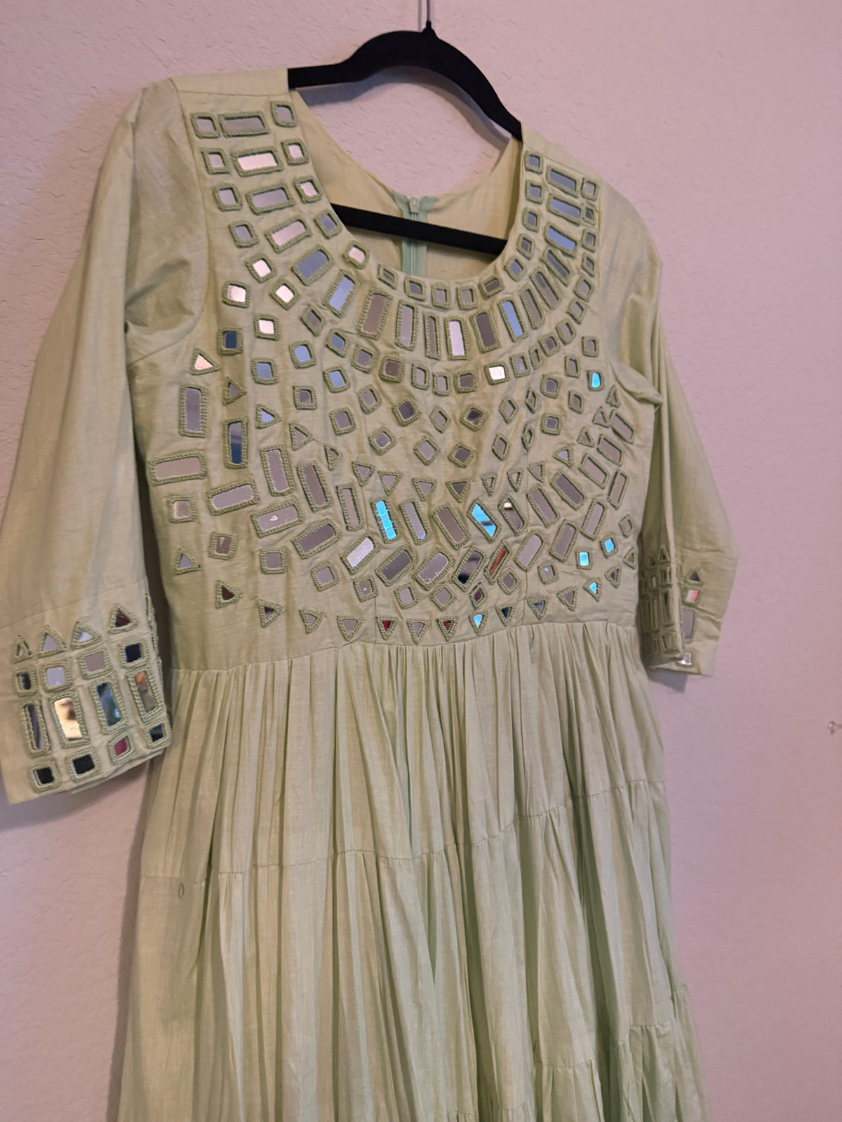 Pista Green Mirror Work Heavy Flared Anarkali Long Dress