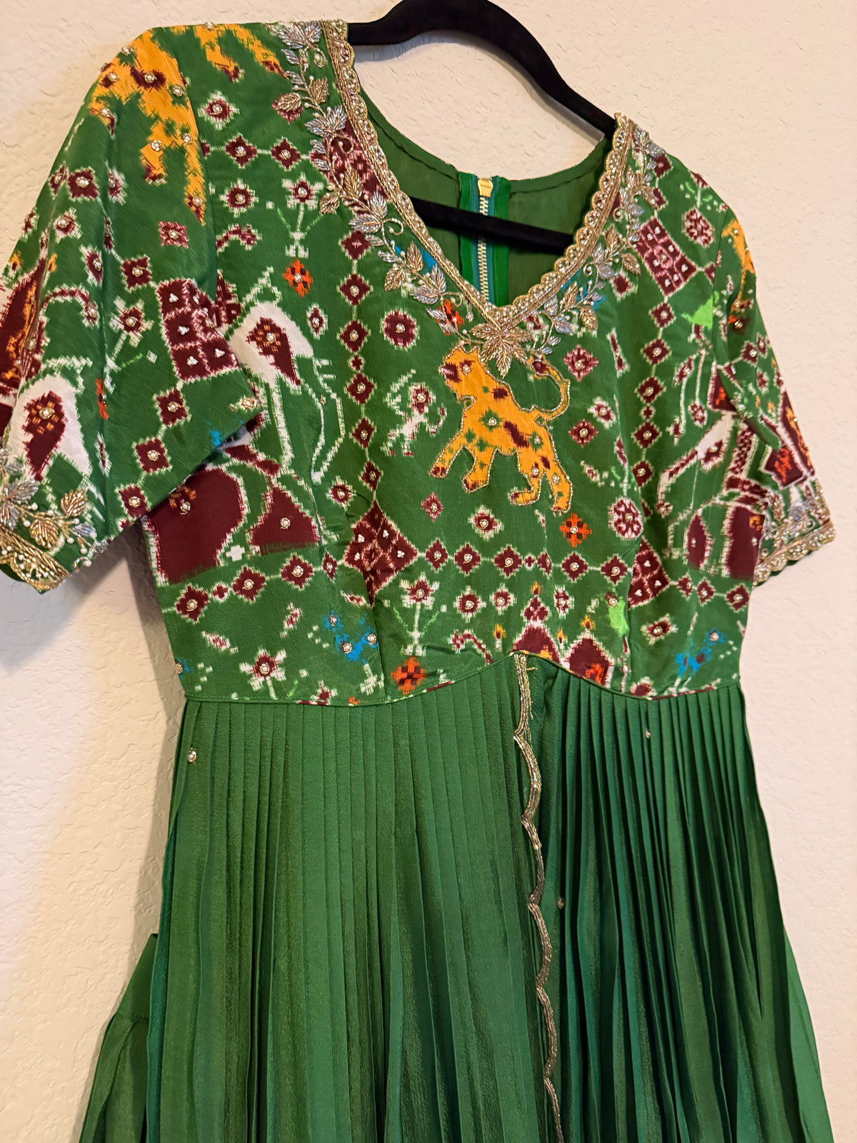 Green Pure Patola Peplum Top with Skirt Set