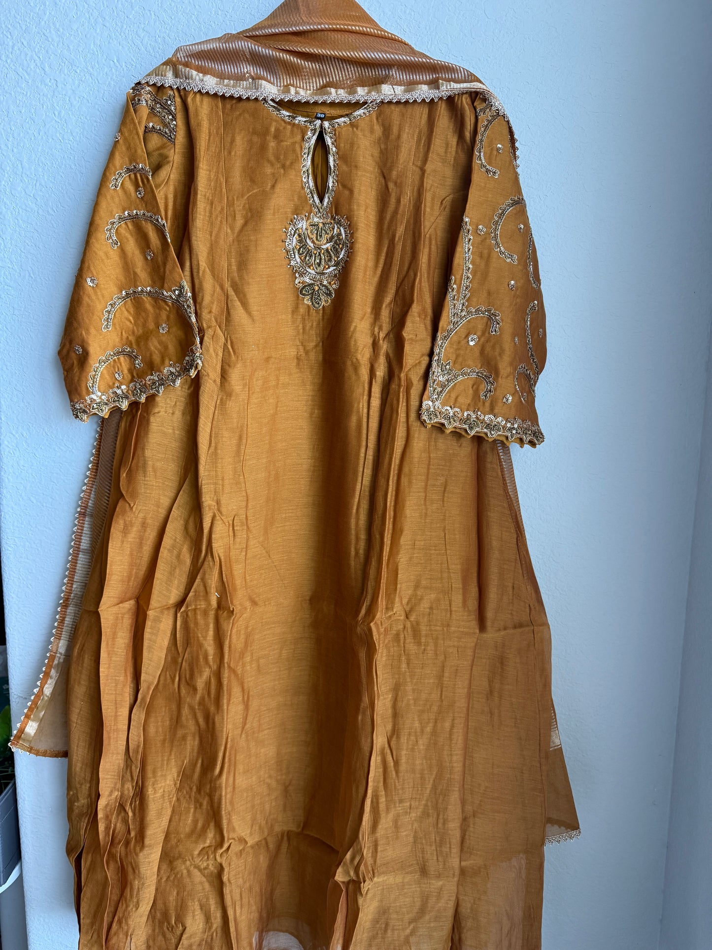 Coffee Brown Shade pure mul chanderi handwork suit set with tissue dupatta