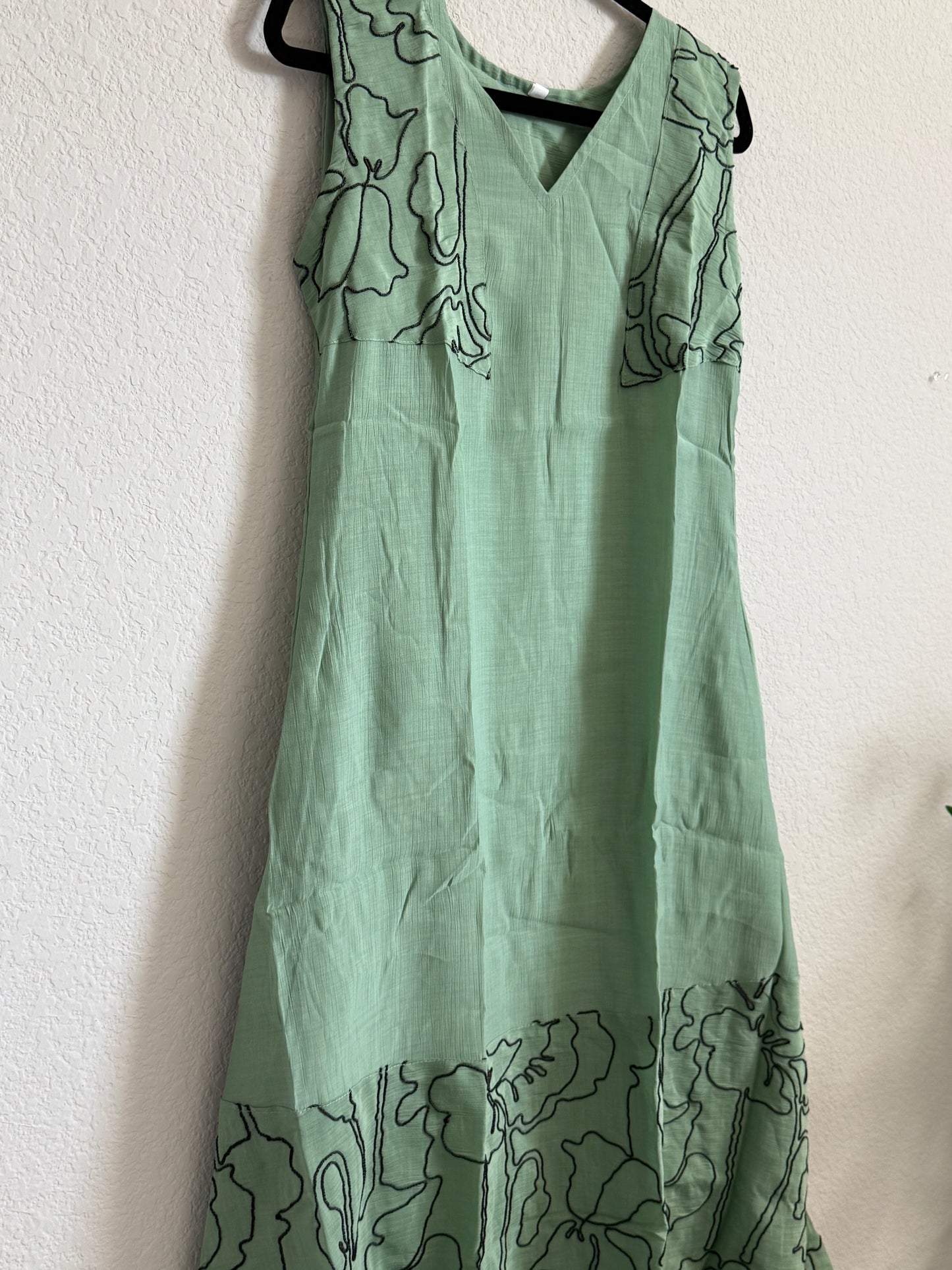 Green Mul Chanderi Sleeveless A-line Dress