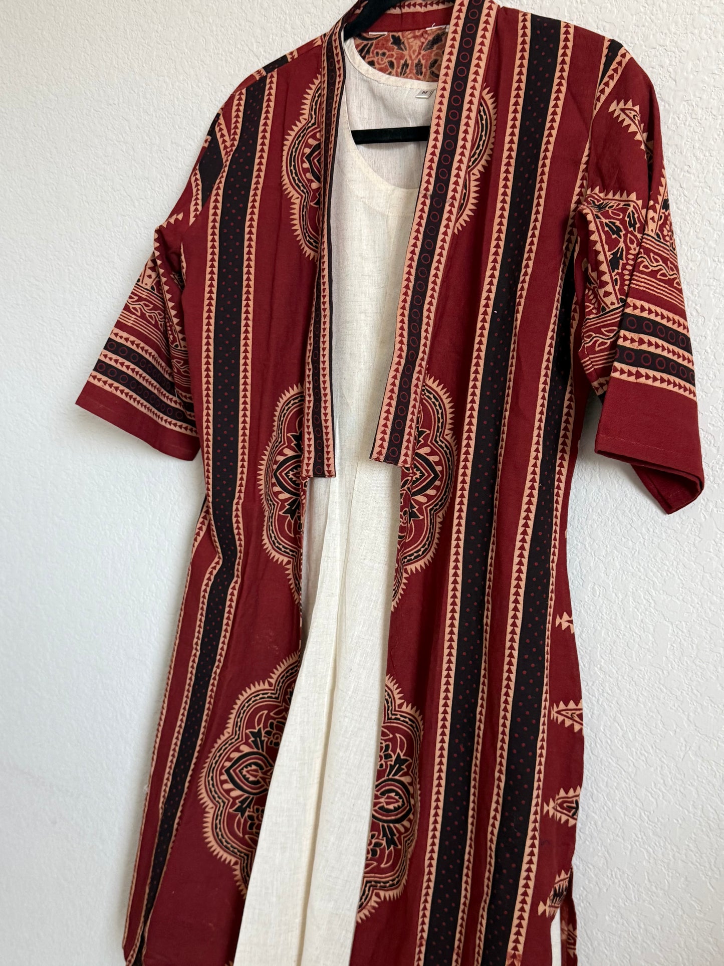 Maroon Ajrakh Coat Model Dress with Half White Cotton Sleeveless Inner
