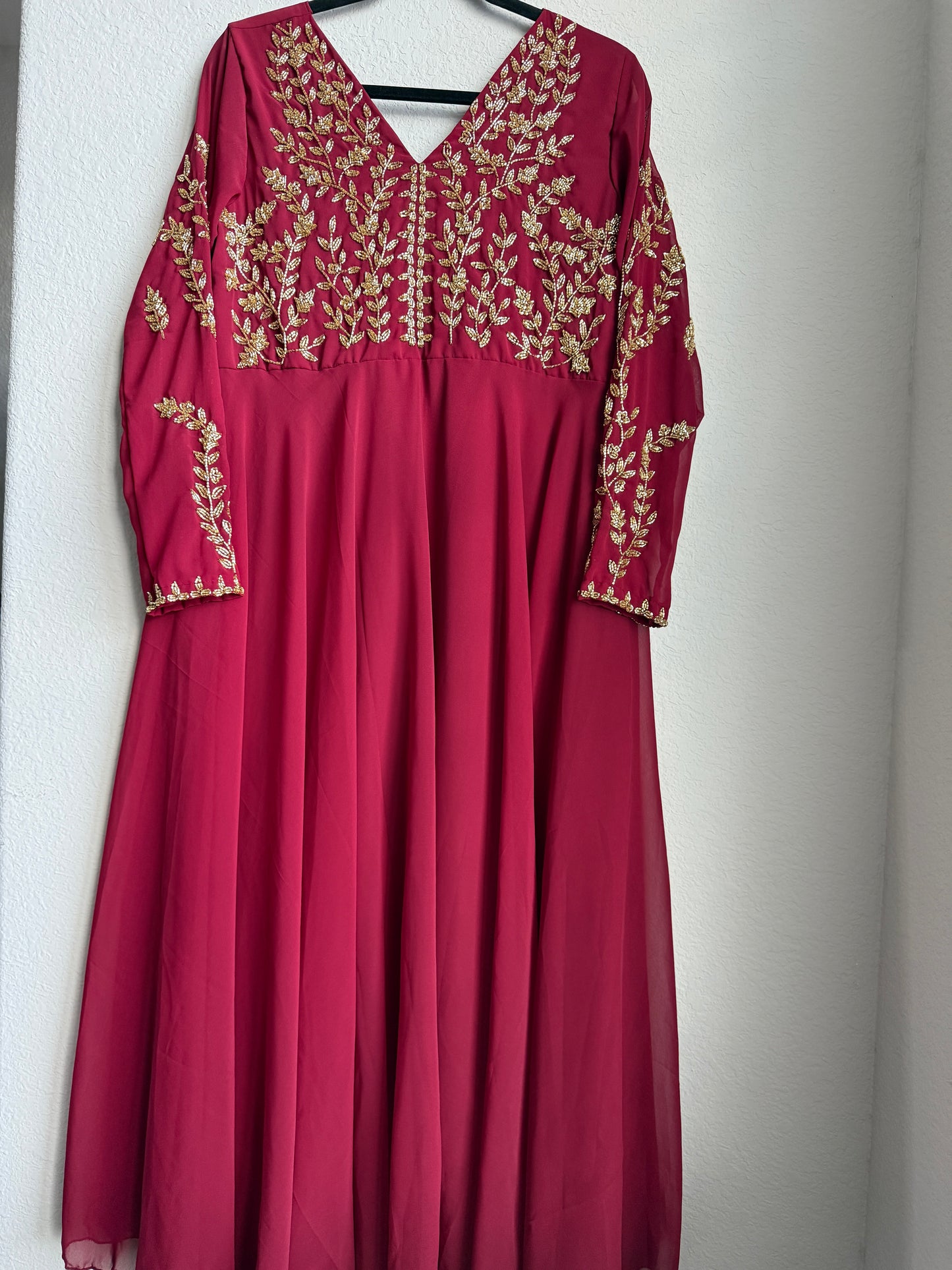Maroon maggam work georgette heavy flare full sleeve anarkali tunic