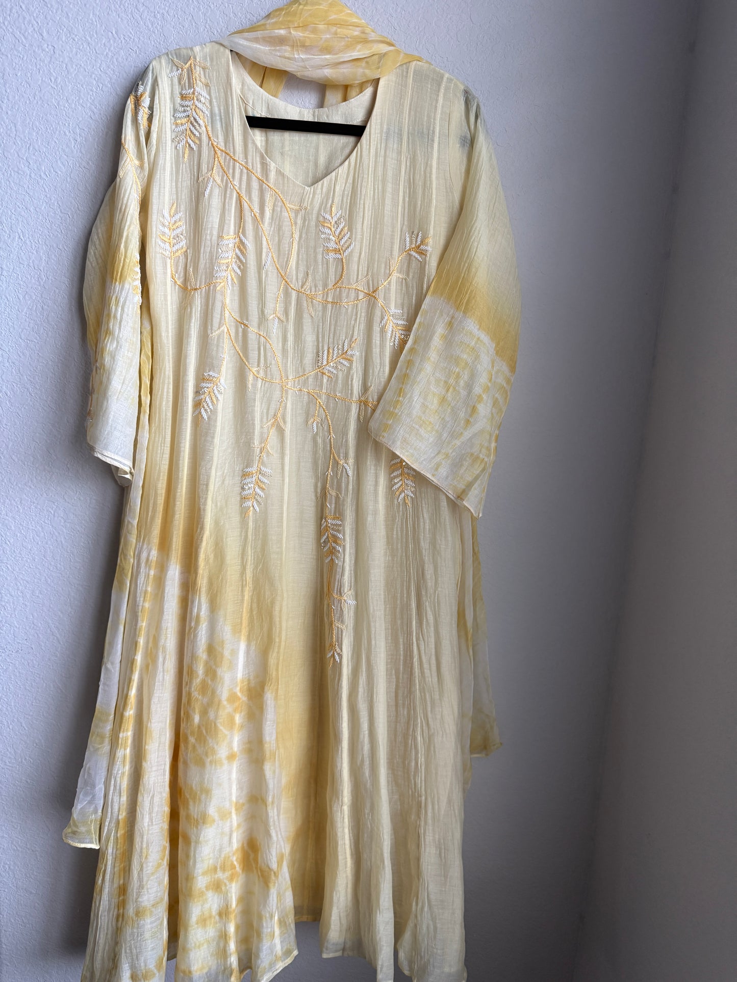 Pastel yellow handwork pure mul chanderi anarkali suit set