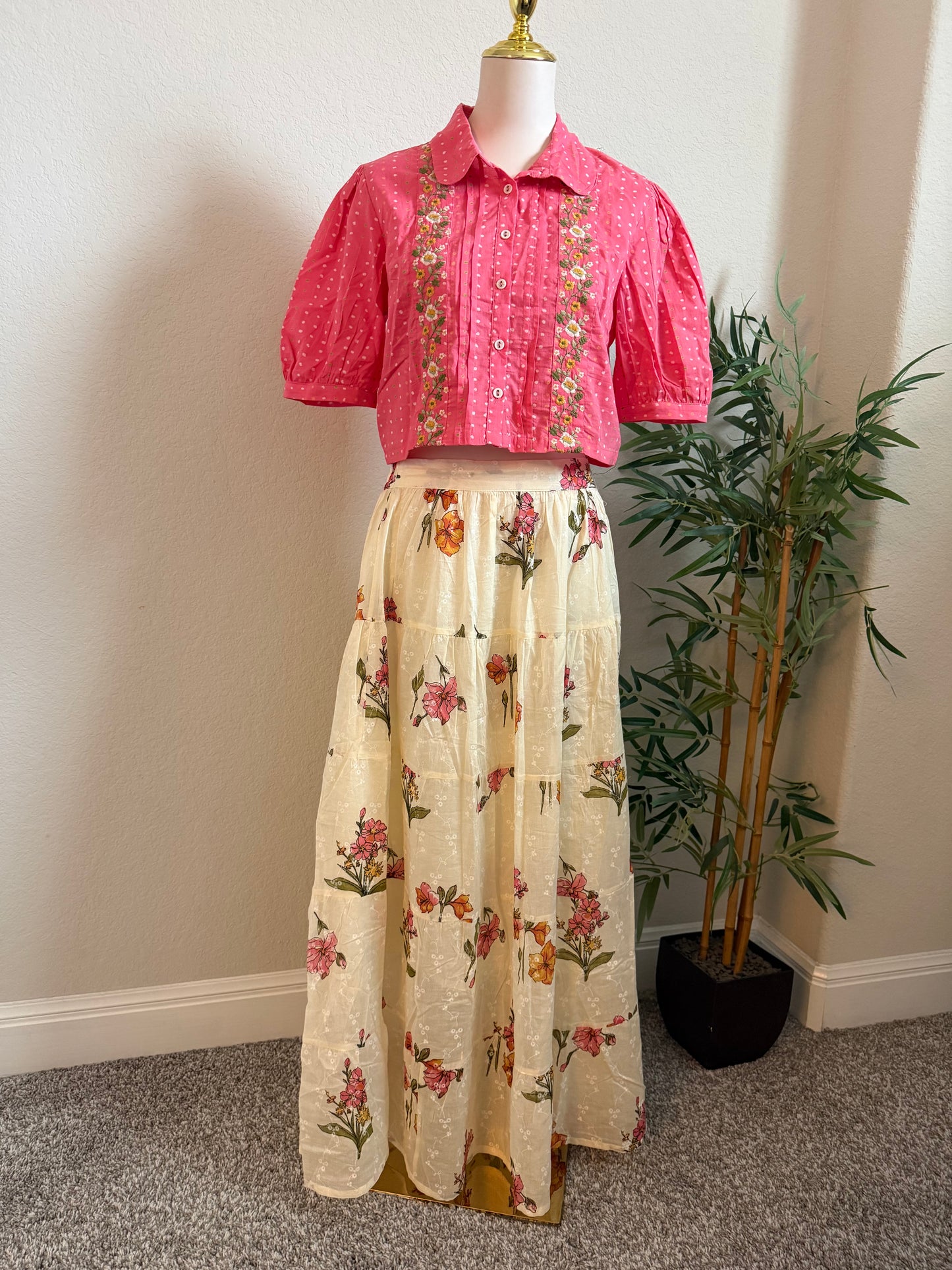 Pink crop top with white floral skirt