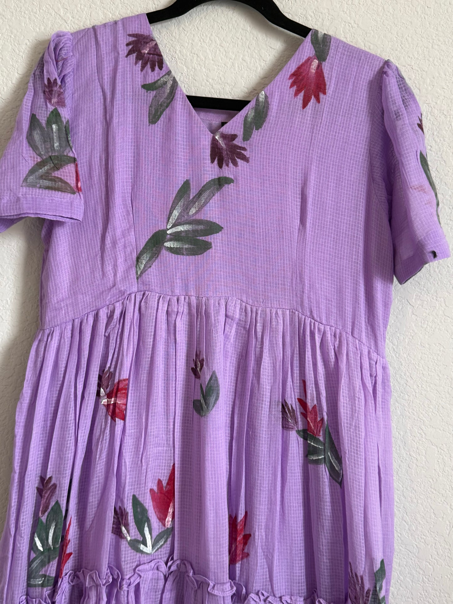 Lavendar Handpainted Floral Kota Frock