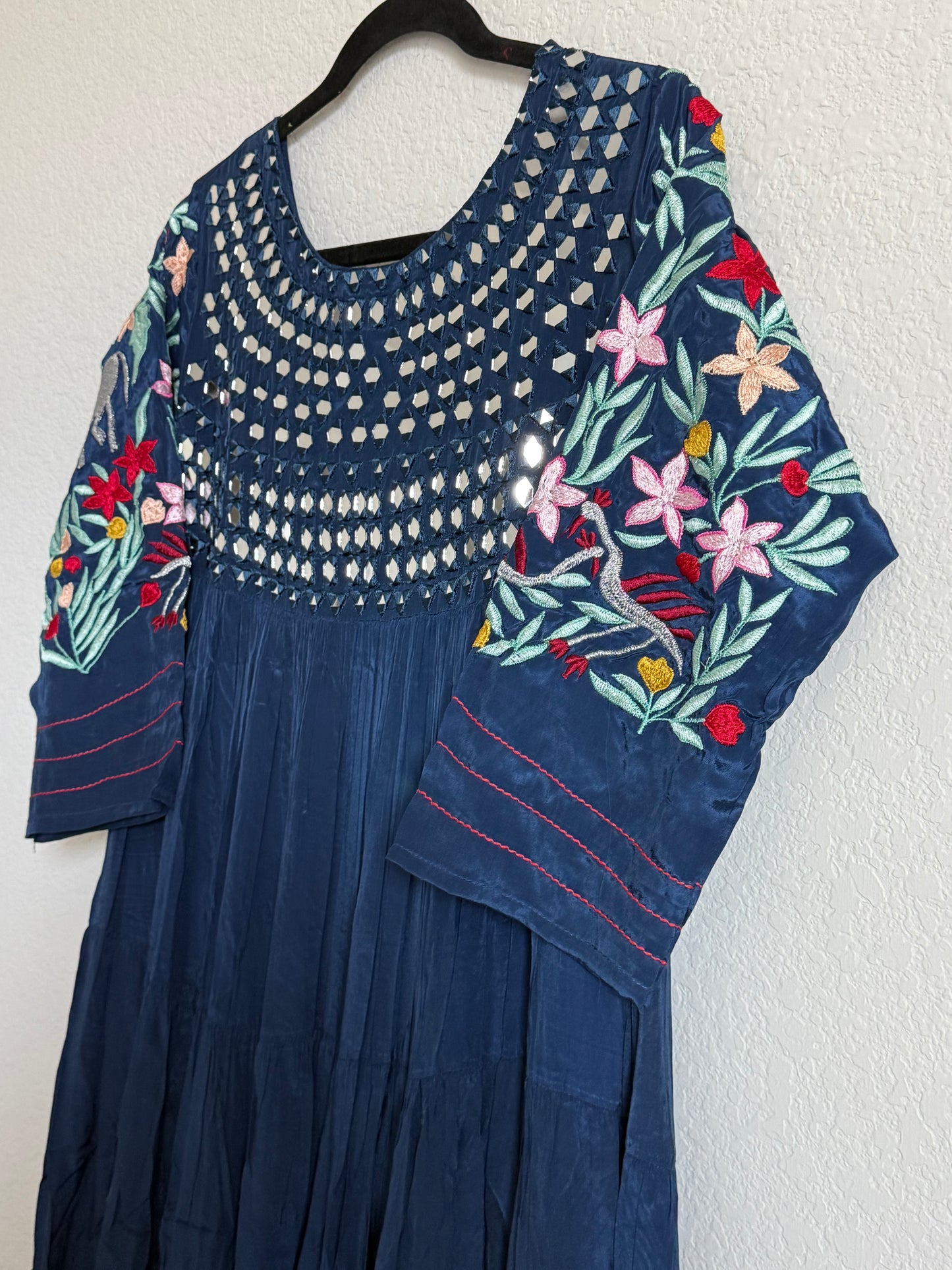 Navy Blue Heavy mirror work chinnon embroidered gown