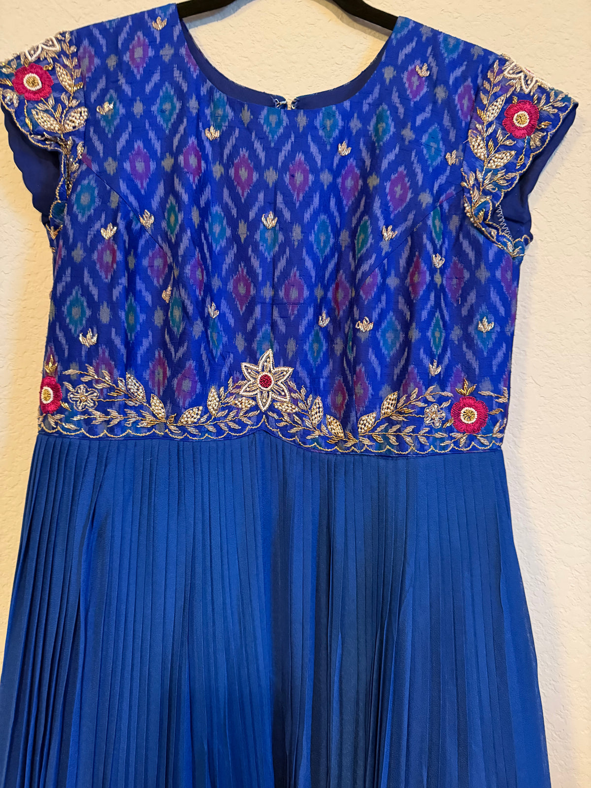 Blue Raw Silk Ikkath Maggam Work Designer Long Dress with Short Sleeve