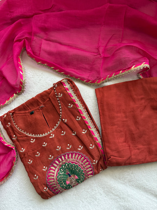 Rust orange pure mul chanderi suit set