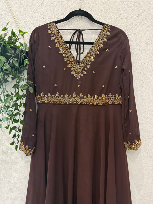 Brown georgette maggam work heavy flared anarkali