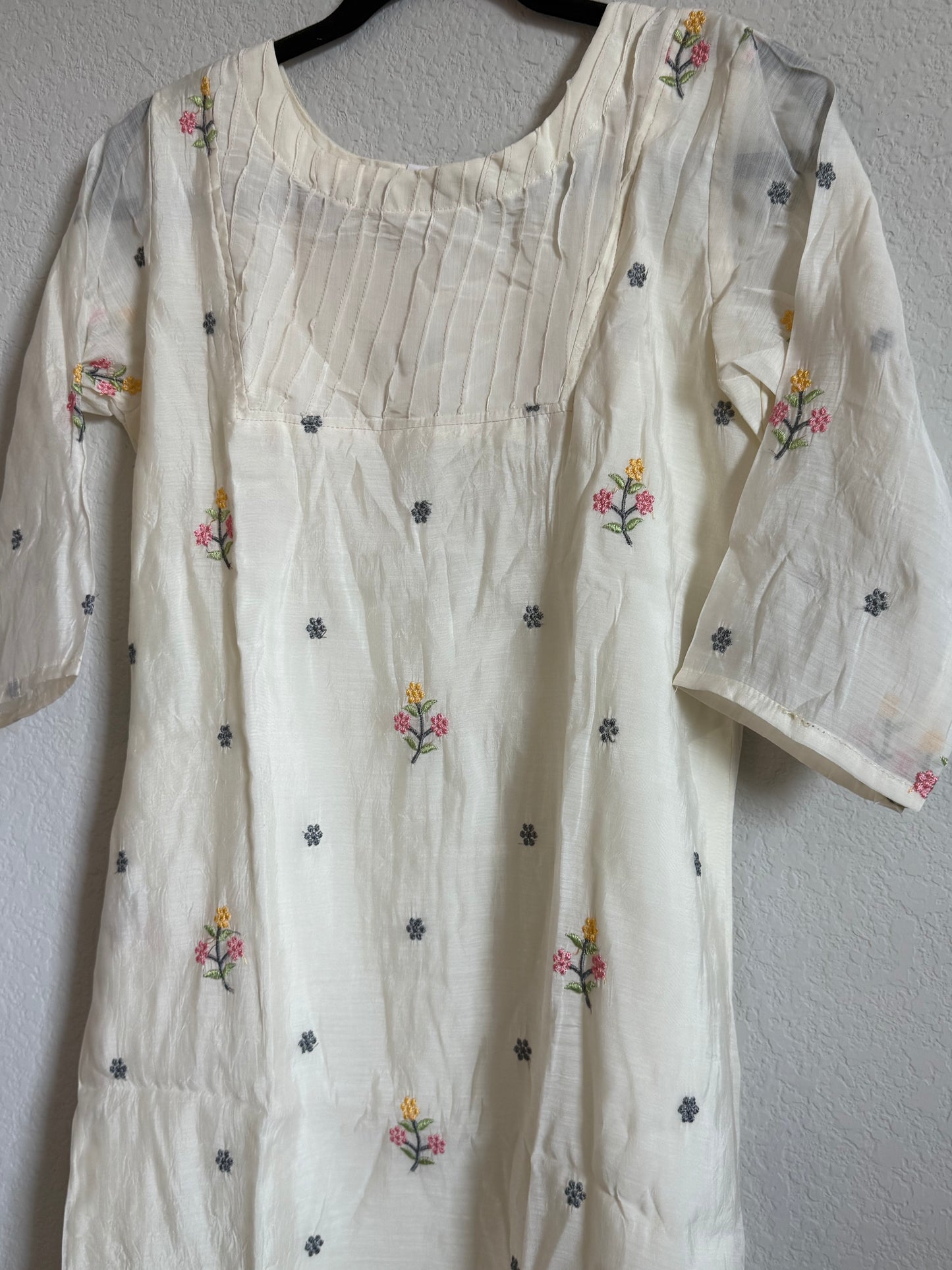 Half White Floral Embroidered Mul Chanderi A-line Kurti