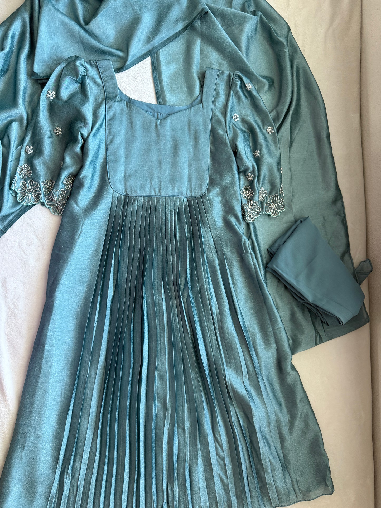 Green shade blooming silk handwork pleated anarkali set